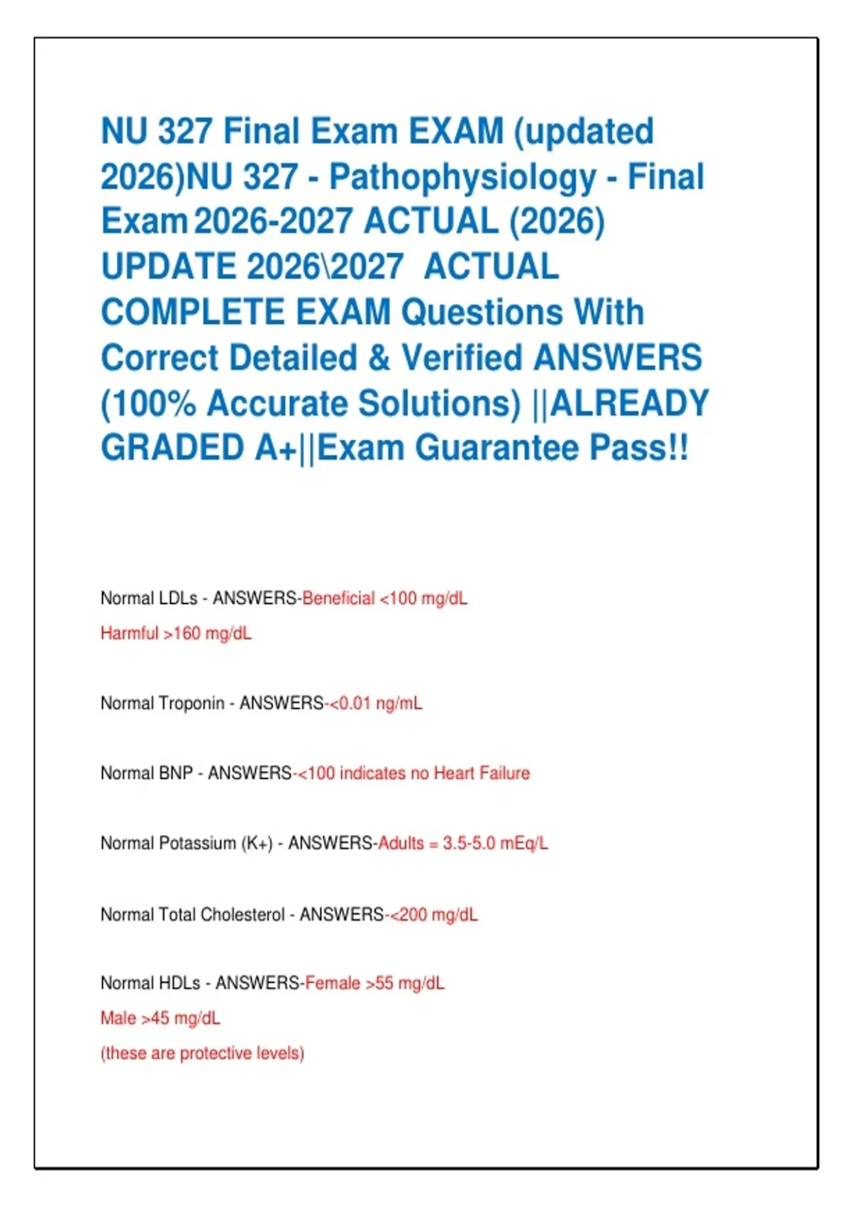 NU 327 Final Exam EXAM (updated 2026)NU 327 - Pathophysiology - Final ...