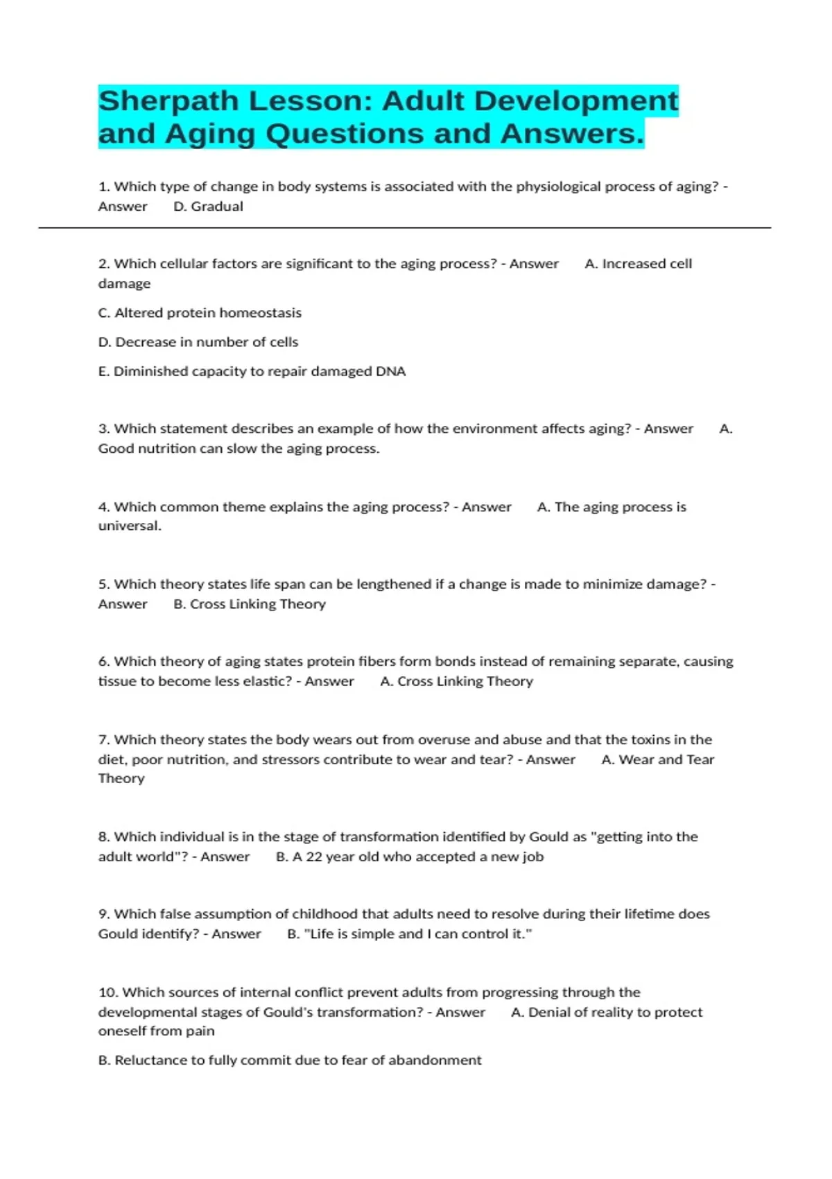 Sherpath Lesson: Adult Development and Aging Questions and Answers ...