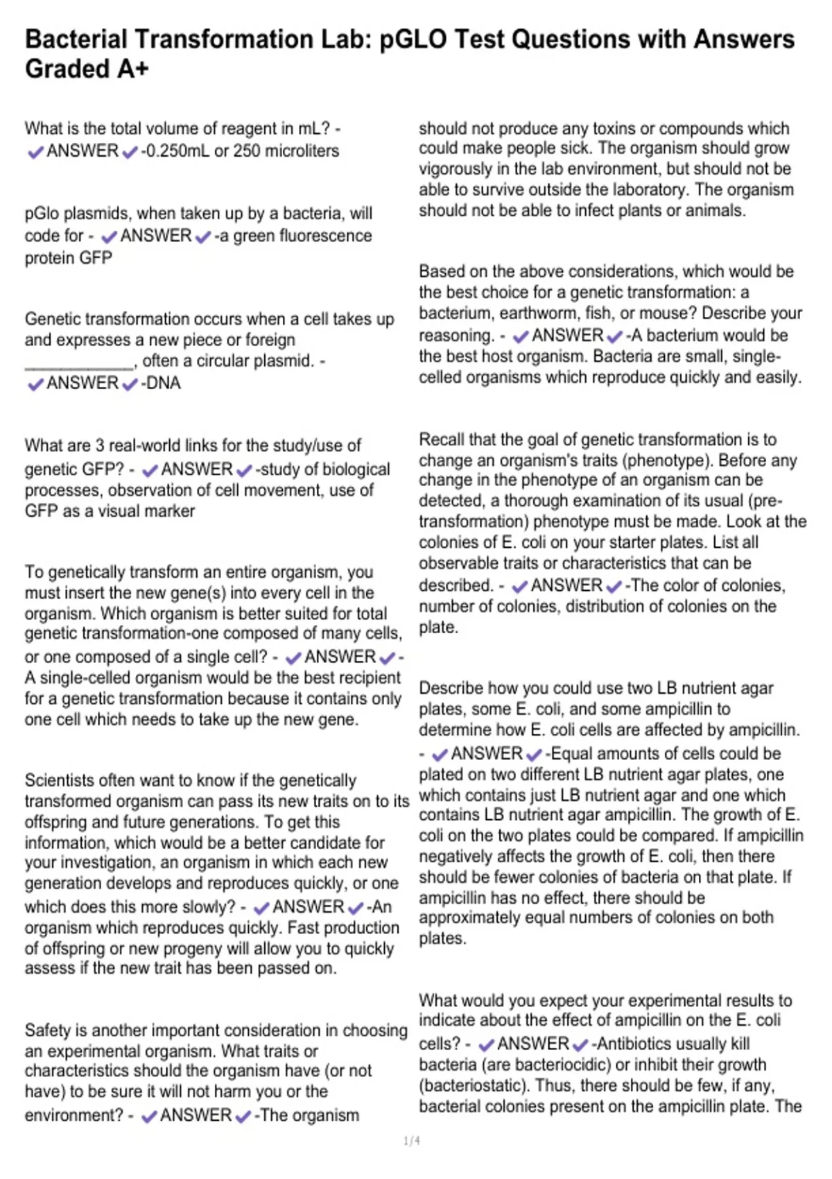 Transformation Lab Bacterial Transformation Lab: pGLO Test Questions with Answers Graded ...