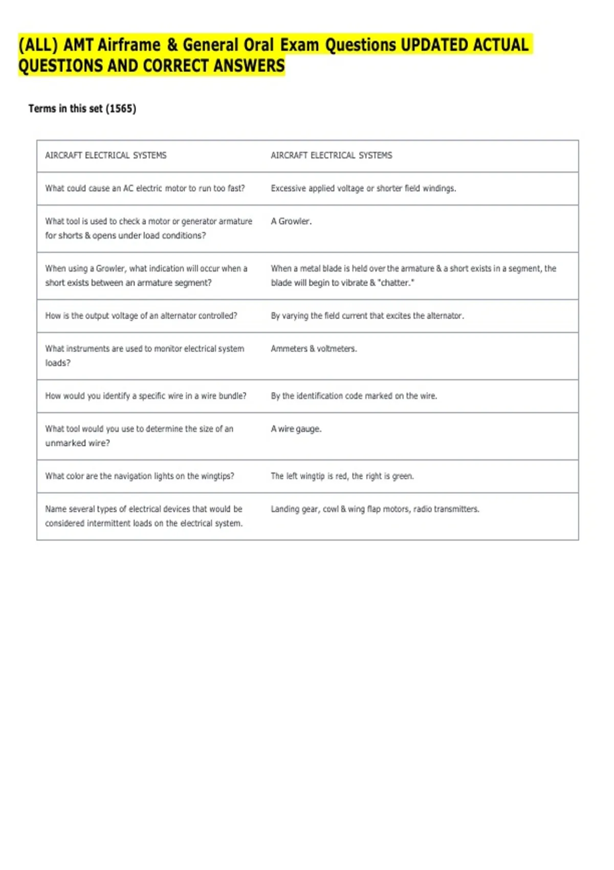 (ALL) AMT Airframe & General Oral Exam Questions UPDATED ACTUAL ...