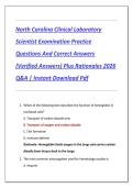 North Carolina Clinical Laboratory  Scientist Examination Practice  Questions And Correct Answers  &lpar;Verified Answers&rpar; Plus Rationales 2026  Q&A &vert; Instant Download Pdf