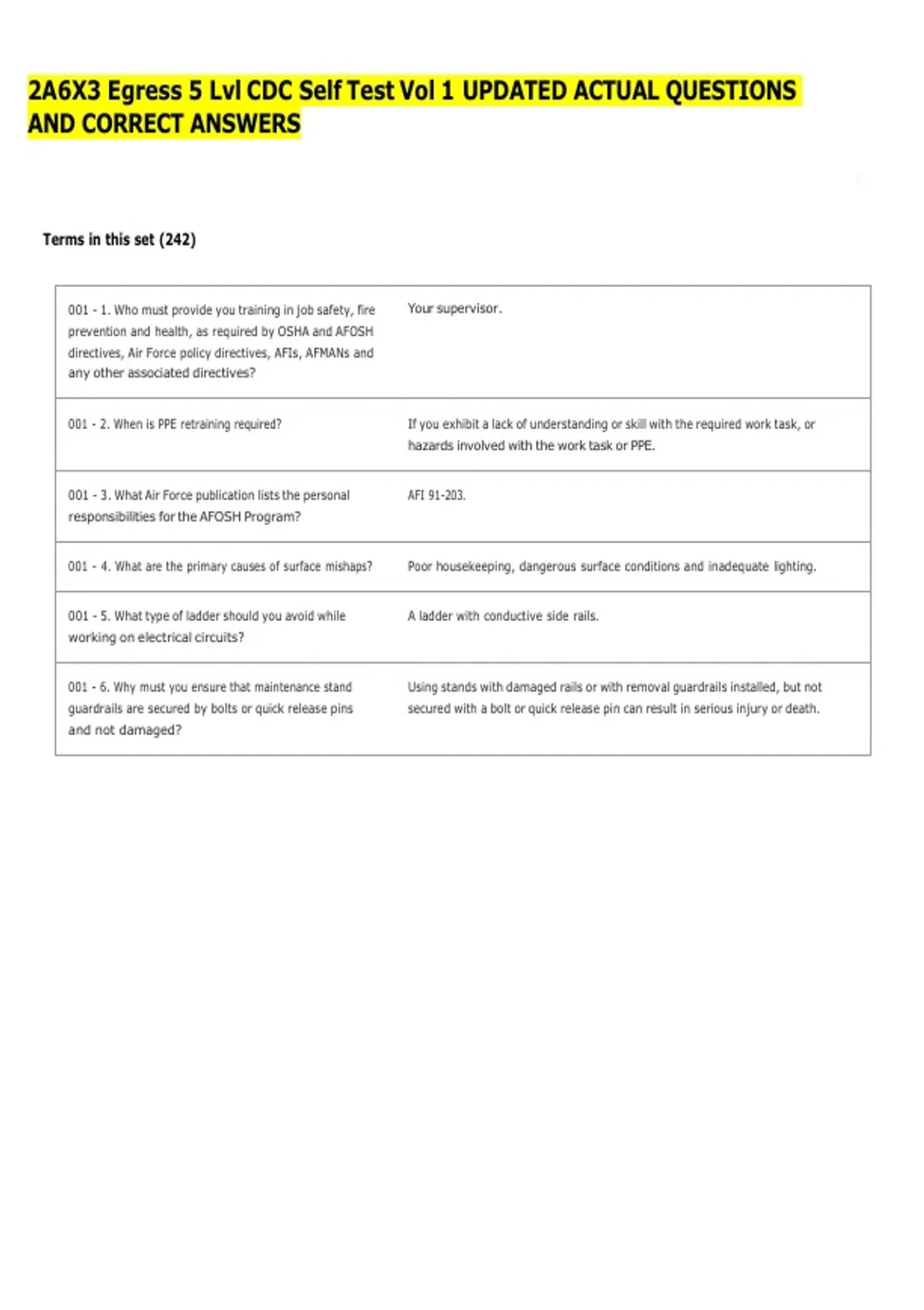 2A6X3 Egress 5 Lvl CDC Self Test Vol 1 UPDATED ACTUAL QUESTIONS AND ...