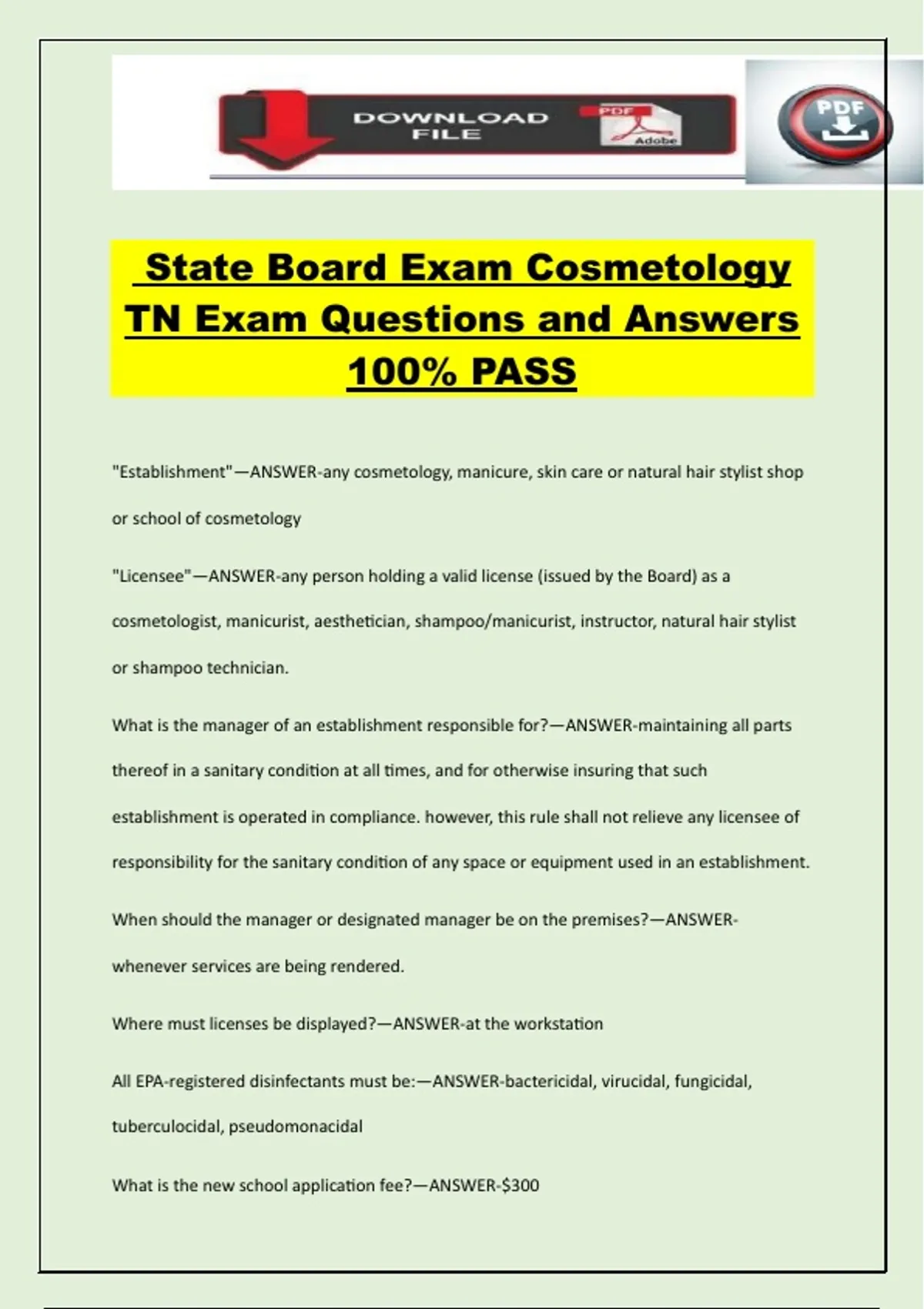 State Board Exam Cosmetology TN Exam Questions and Answers 100% PASS ...