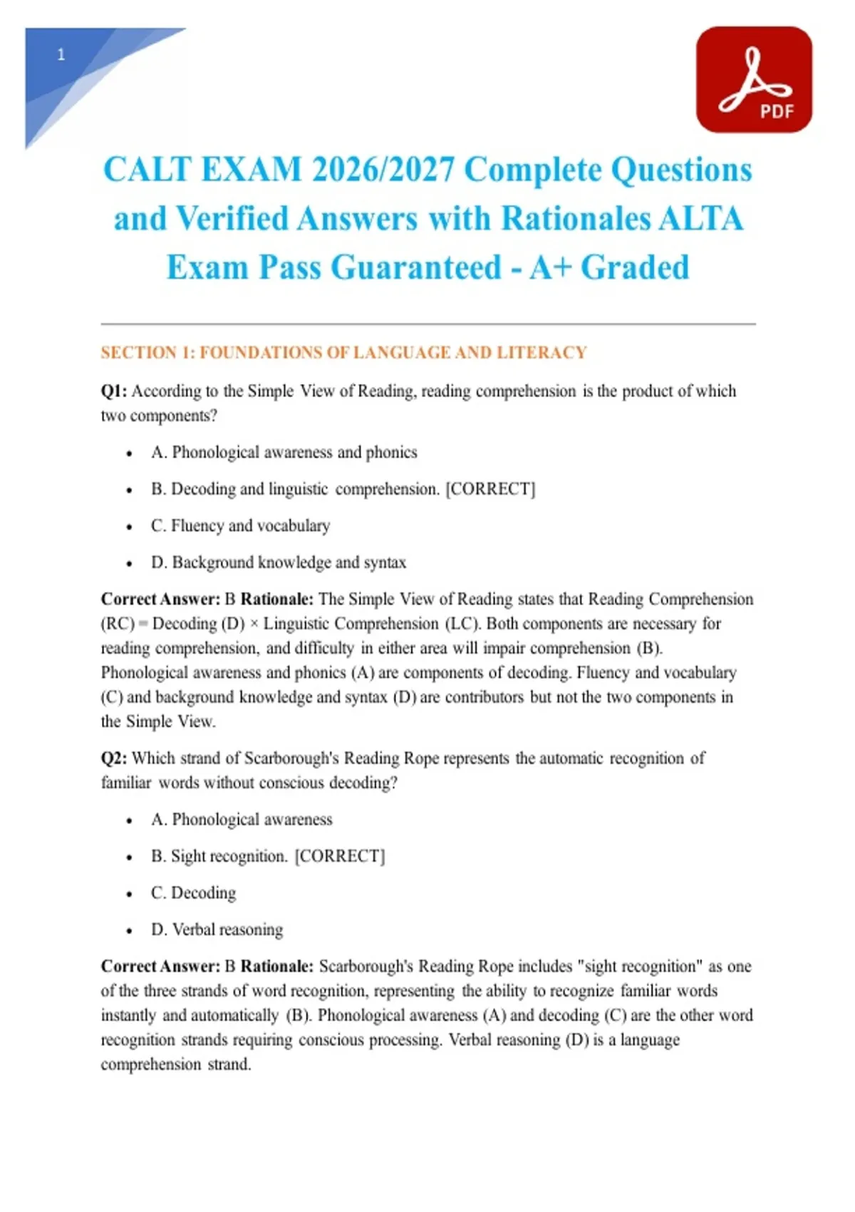 CALT EXAM 2026/2027 Complete Questions and Verified Answers with ...