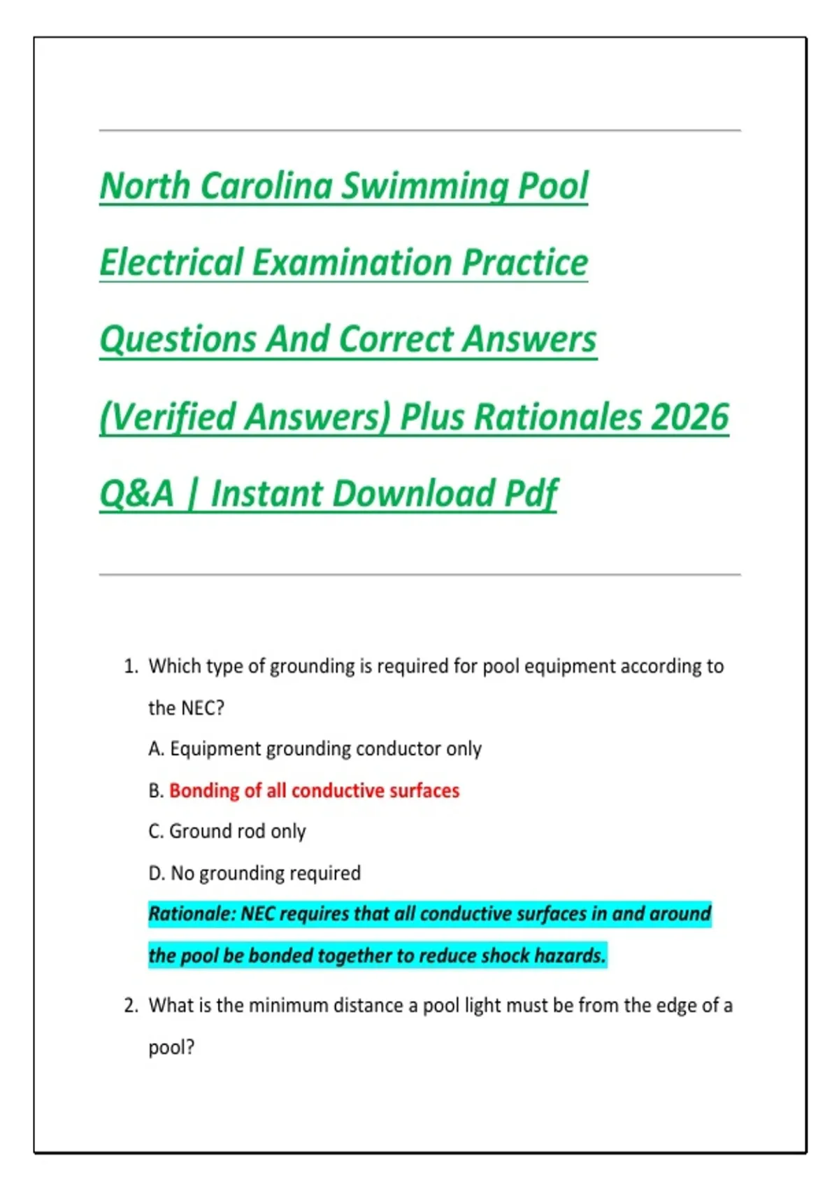North Carolina Swimming Pool Electrical Examination Practice Questions ...