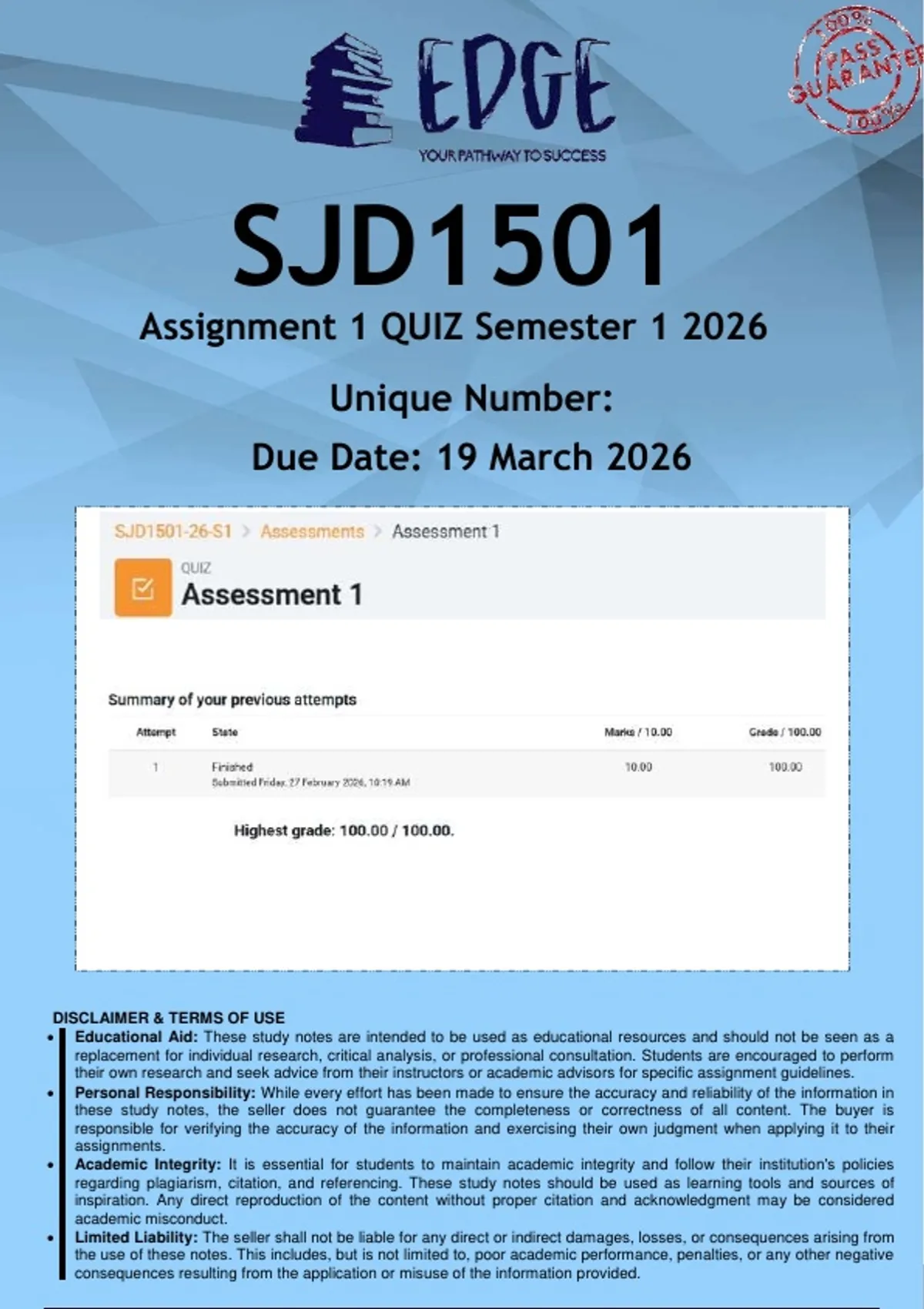 SJD1501 Assignment 1 QUIZ (ANSWERS) Semester 1 2026 - DISTINCTION ...
