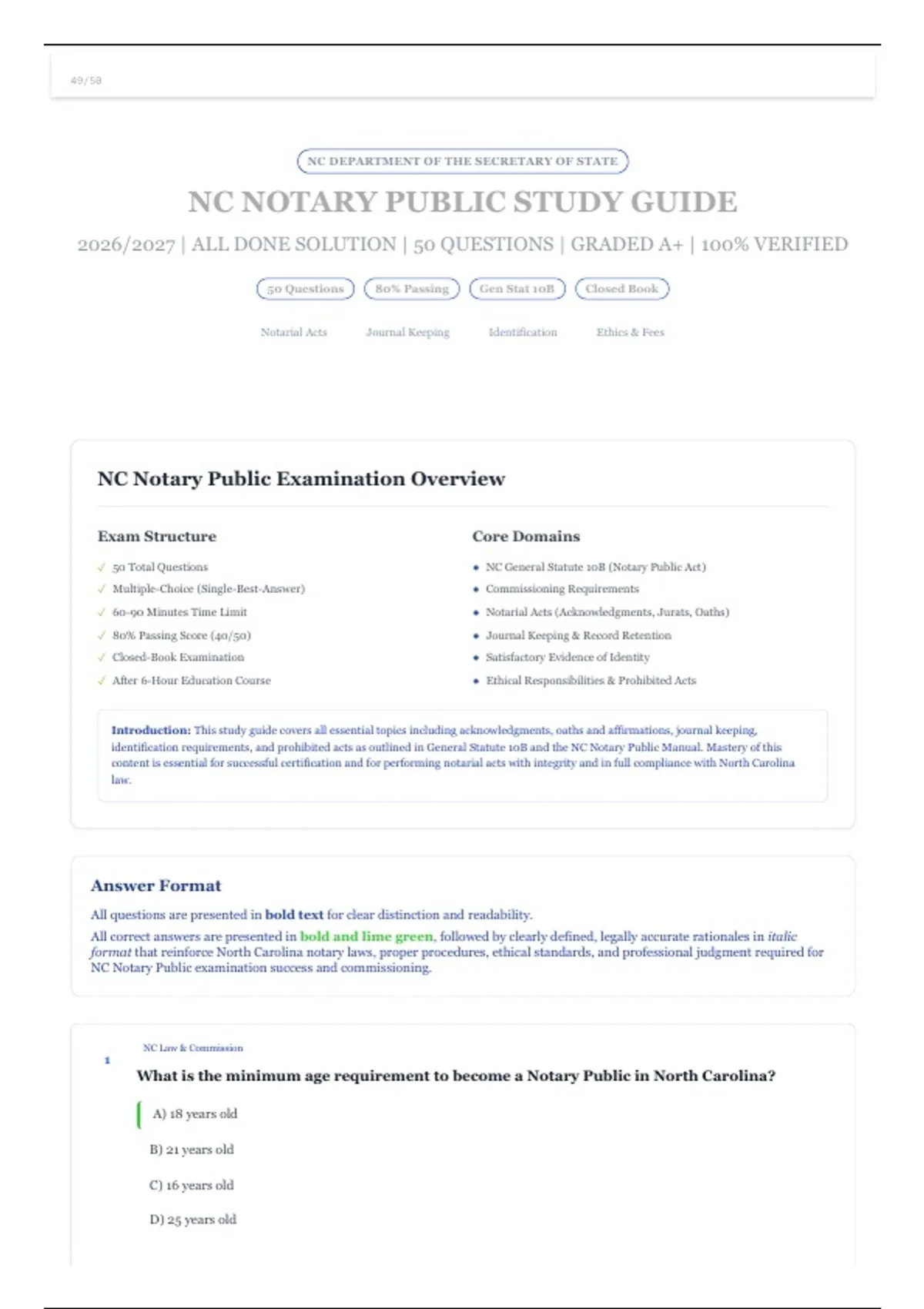 NC Notary Public Study Guide | 2026/2027 | 50 Questions and Correct ...