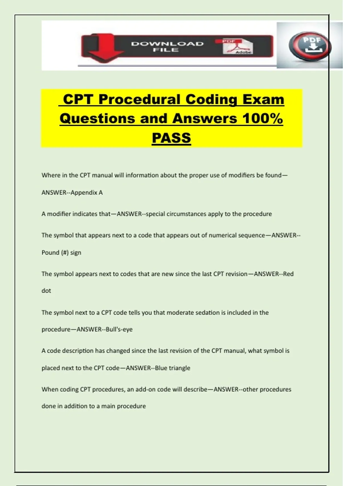 CPT Procedural Coding Exam Questions and Answers 100% PASS - Insurance ...