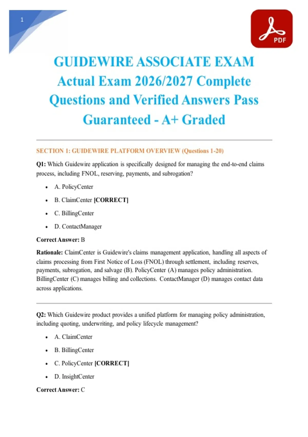 Question Associate GUIDEWIRE ASSOCIATE EXAM Actual Exam 2026/2027 Complete Questions and ...