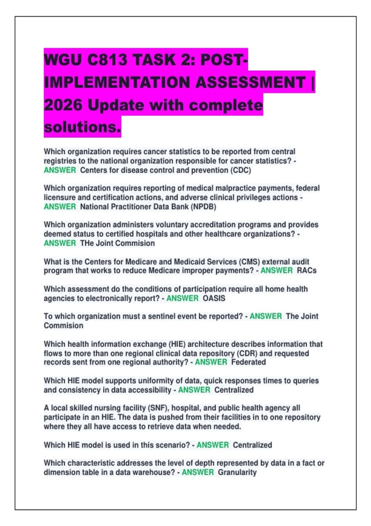 Wgu Rhm3 Task 2 WGU C813 TASK 2: POST- IMPLEMENTATION ASSESSMENT | 2026 Update with ...