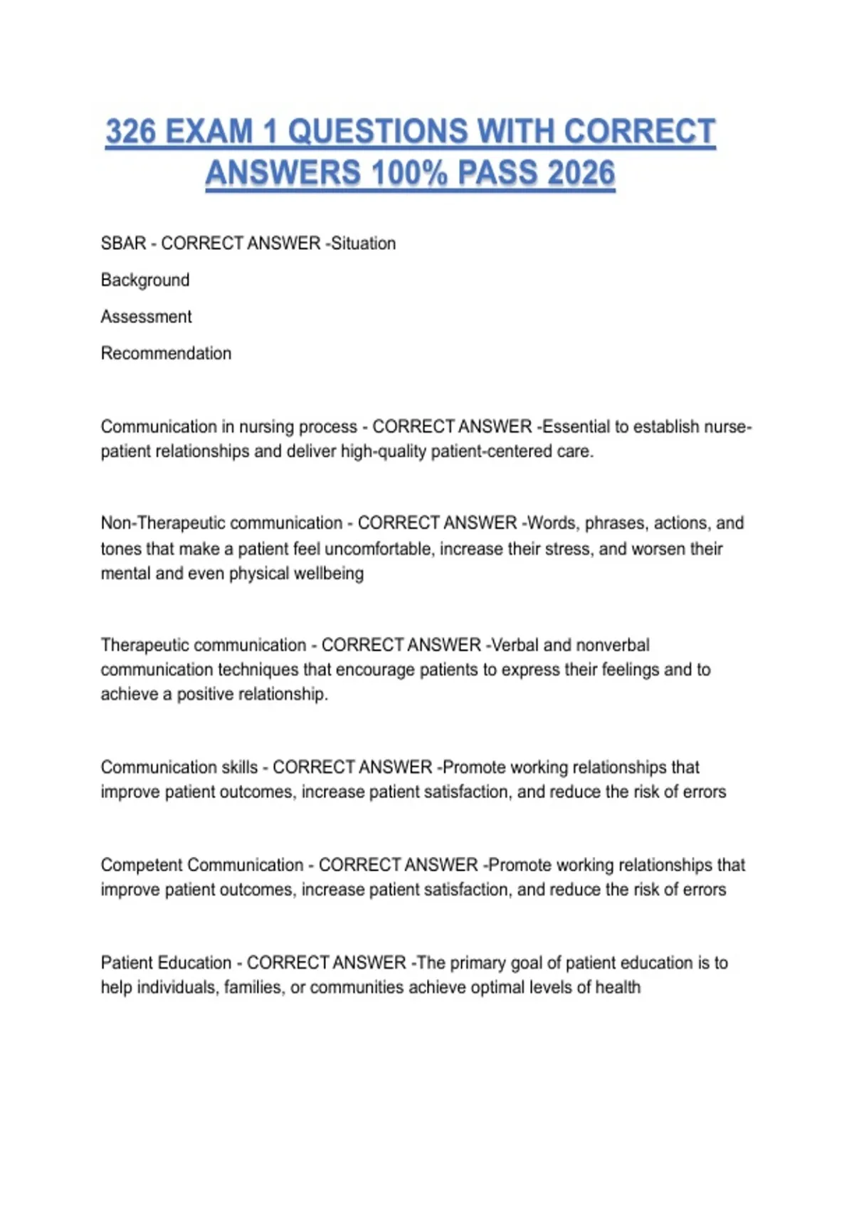 326 EXAM 1 QUESTIONS WITH CORRECT ANSWERS 100% PASS 2026 - NUR 326 ...