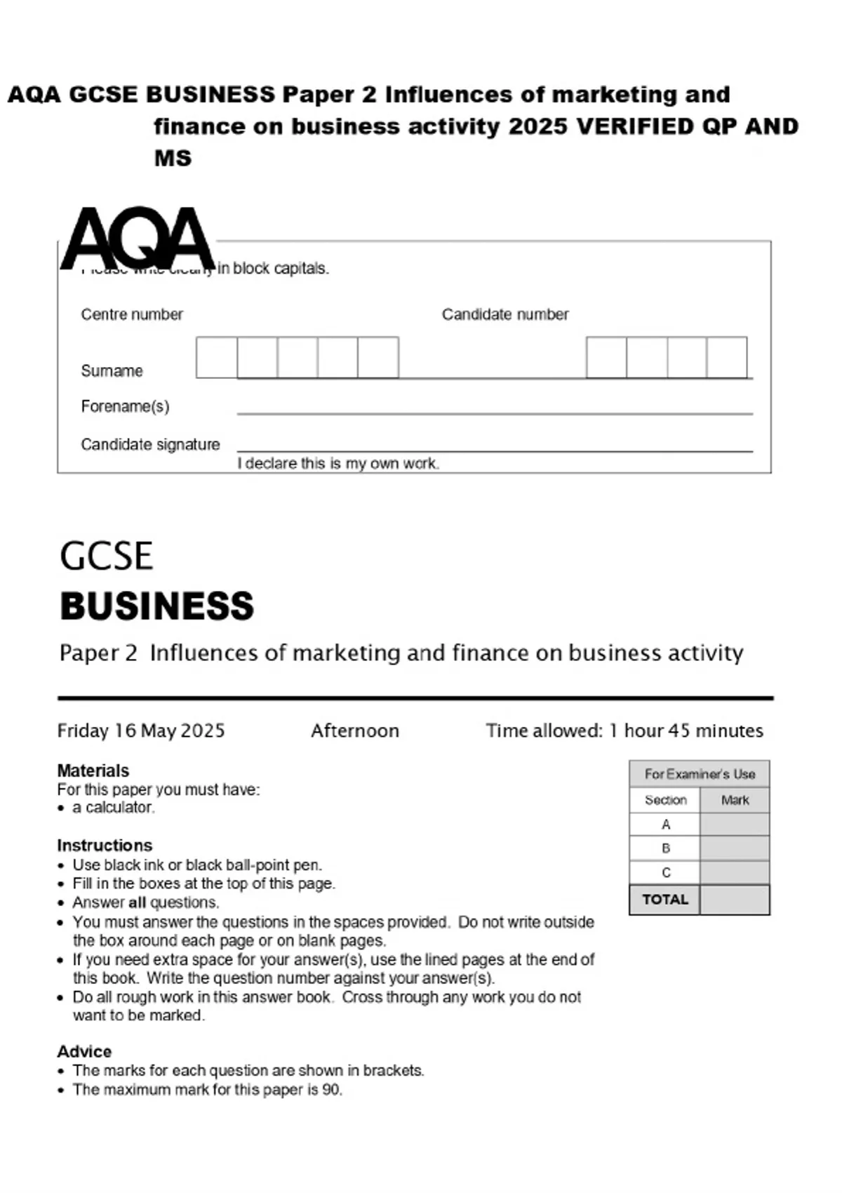 AQA GCSE BUSINESS 2025 Exam Pack: VERIFIED Question Paper and Mark ...