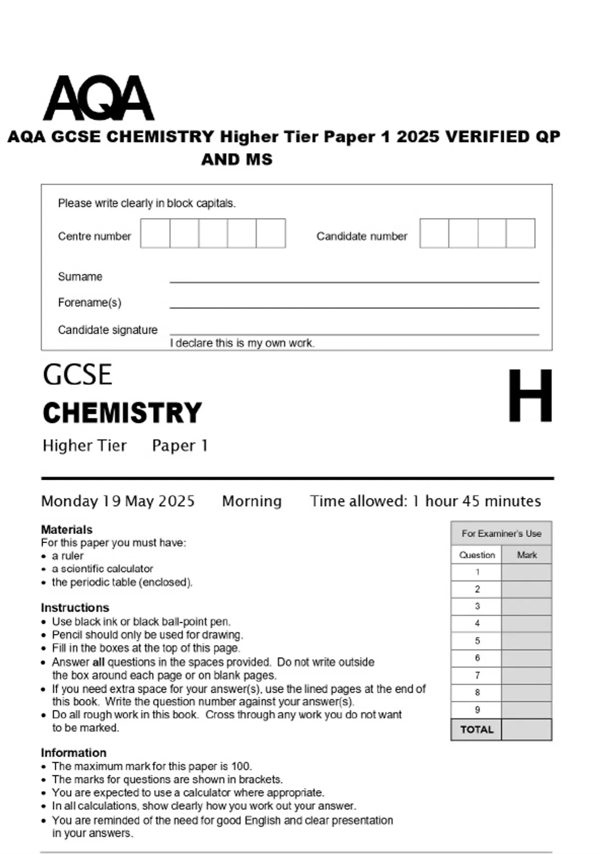 AQA GCSE CHEMISTRY Higher Tier Paper 1 2025 VERIFIED QP AND MS - AQA ...