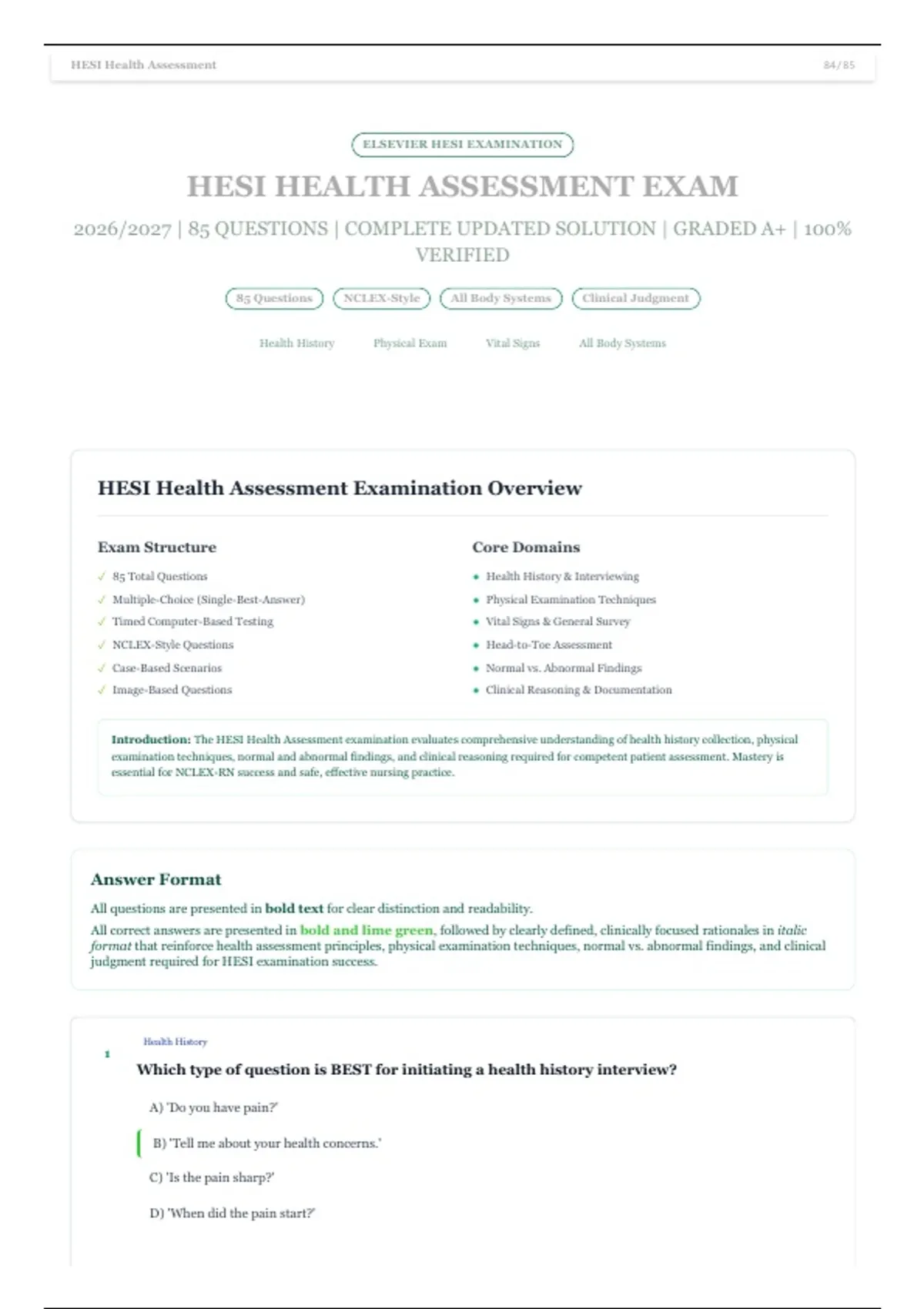 HESI Health Assessment Exam | 2026/2027 | 85 Questions and Correct ...