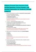 Alabama Personal Lines Insurance Exam  Verified Questions&comma; Correct Answers&comma; and  Detailed Explanations for Students&vert;&vert;Already  Graded A&plus; 