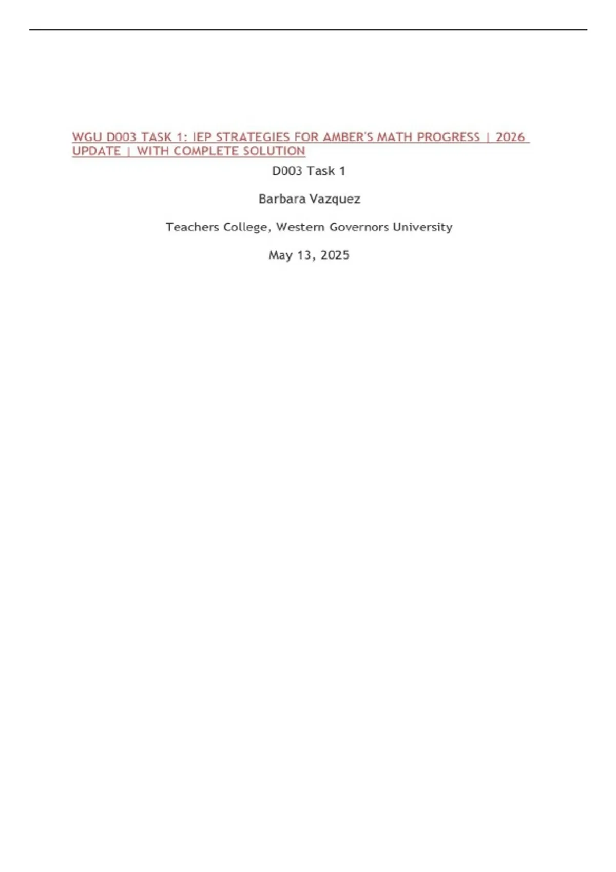 Wgu Math Methods Task 1 WGU D003 TASK 1: IEP STRATEGIES FOR AMBER'S MATH PROGRESS | 2026 UPDATE ...