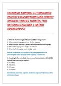 CALIFORNIA BILINGUAL AUTHORIZATION  PRACTICE EXAM QUESTIONS AND CORRECT  ANSWERS &lpar;VERIFIED ANSWERS&rpar; PLUS  RATIONALES 2026 Q&A &vert; INSTANT  DOWNLOAD PDF