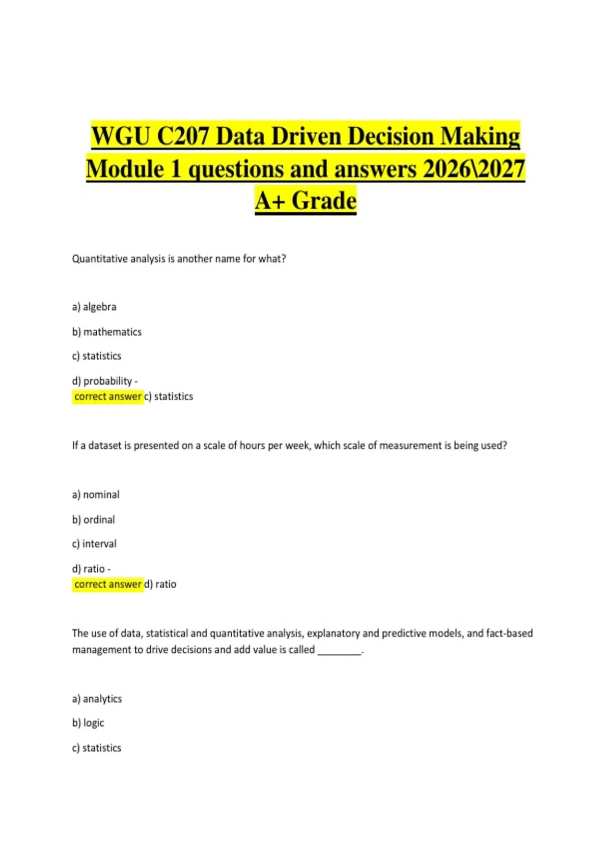 WGU C207 Data Driven Decision Making Module 1 questions and answers ...