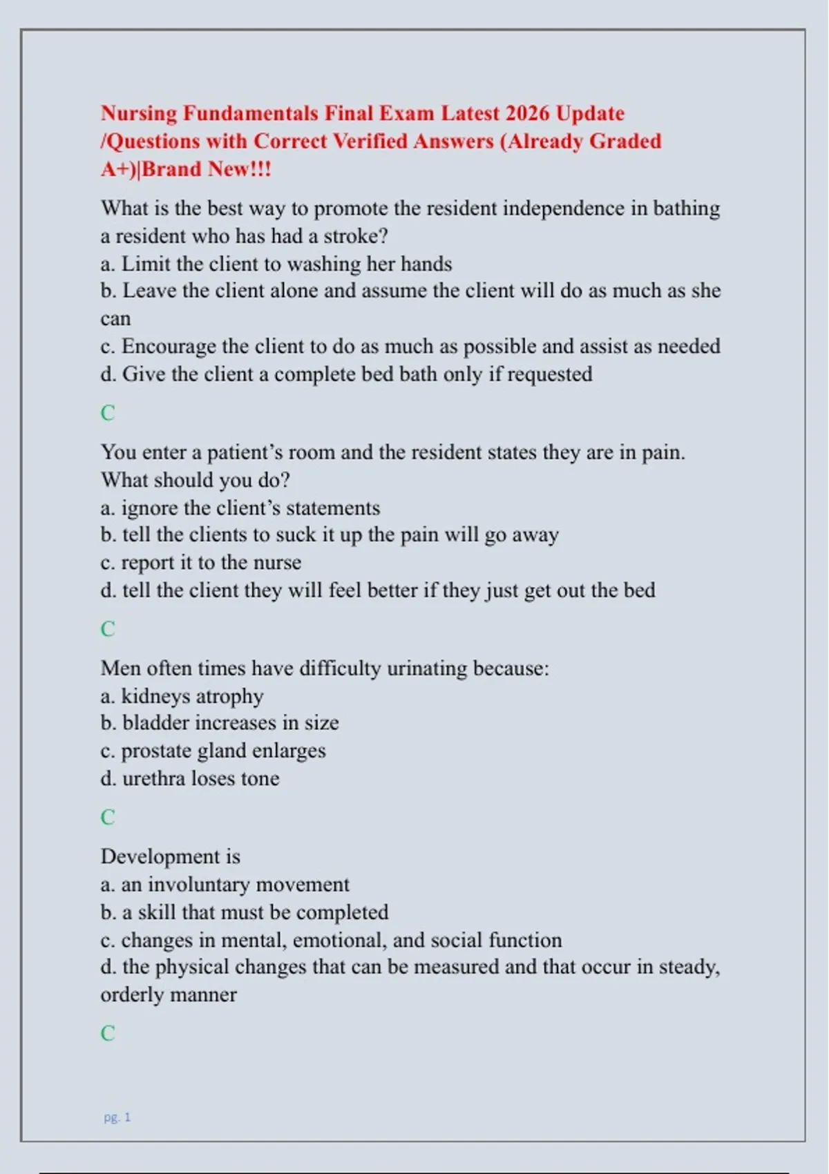 Nursing Fundamentals Final Exam Latest 2026 Update /Questions with ...