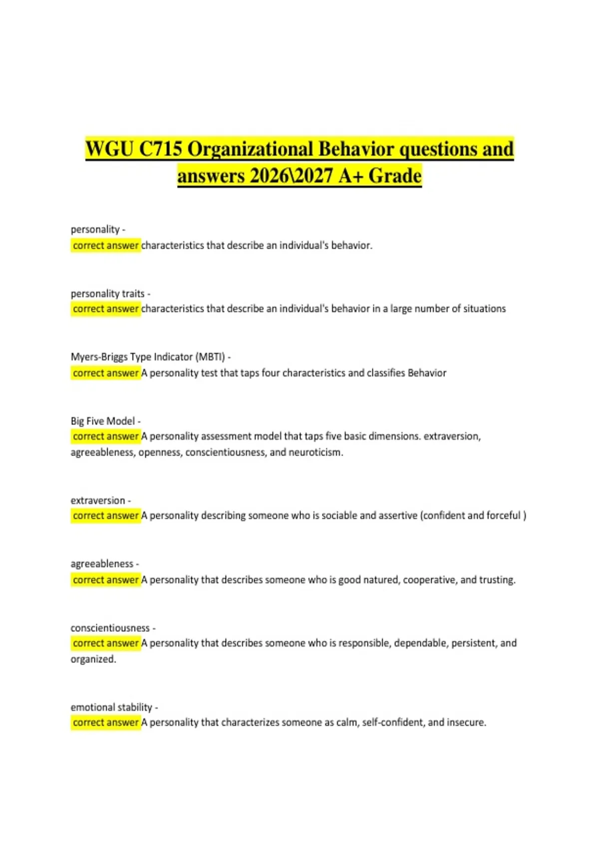 WGU C715 Organizational Behavior questions and answers |C715 ...