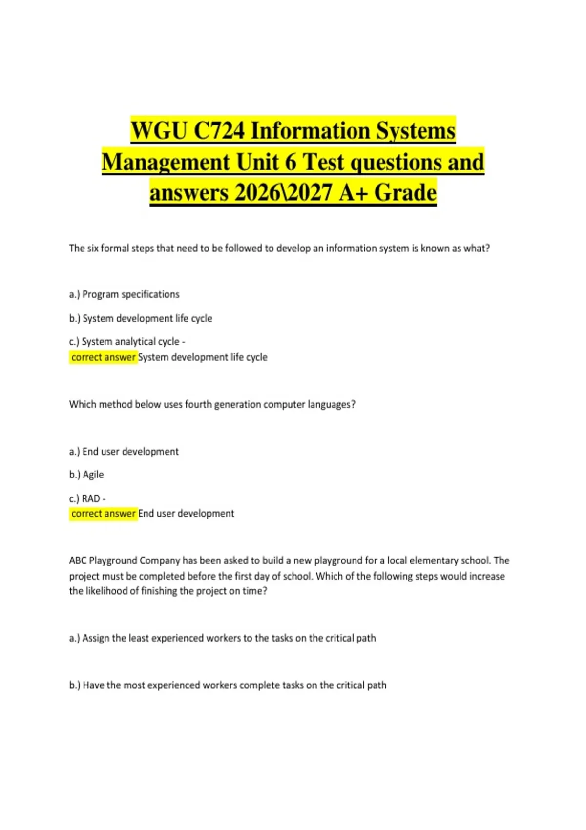 WGU C724 Information Systems Management Unit 6 Test questions and ...