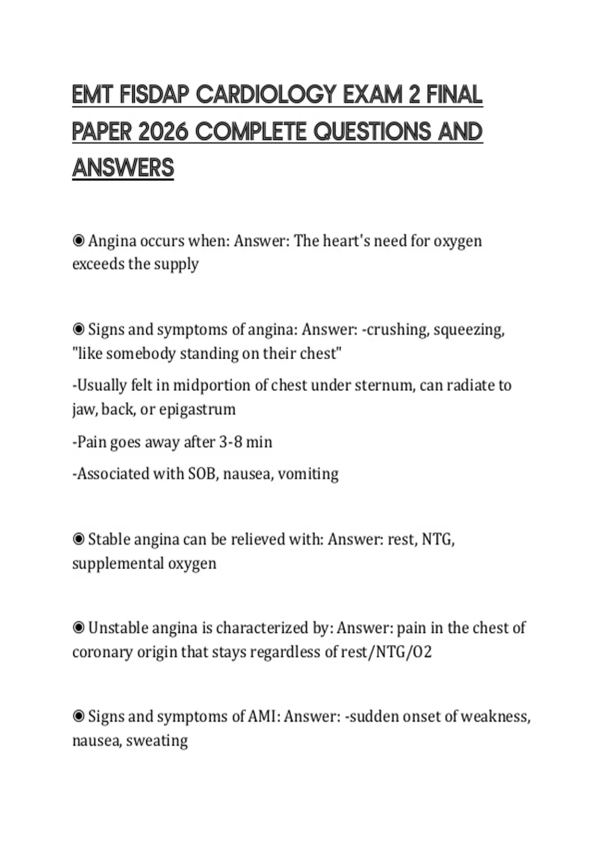 EMT FISDAP CARDIOLOGY EXAM 2 FINAL PAPER 2026 COMPLETE QUESTIONS AND ...