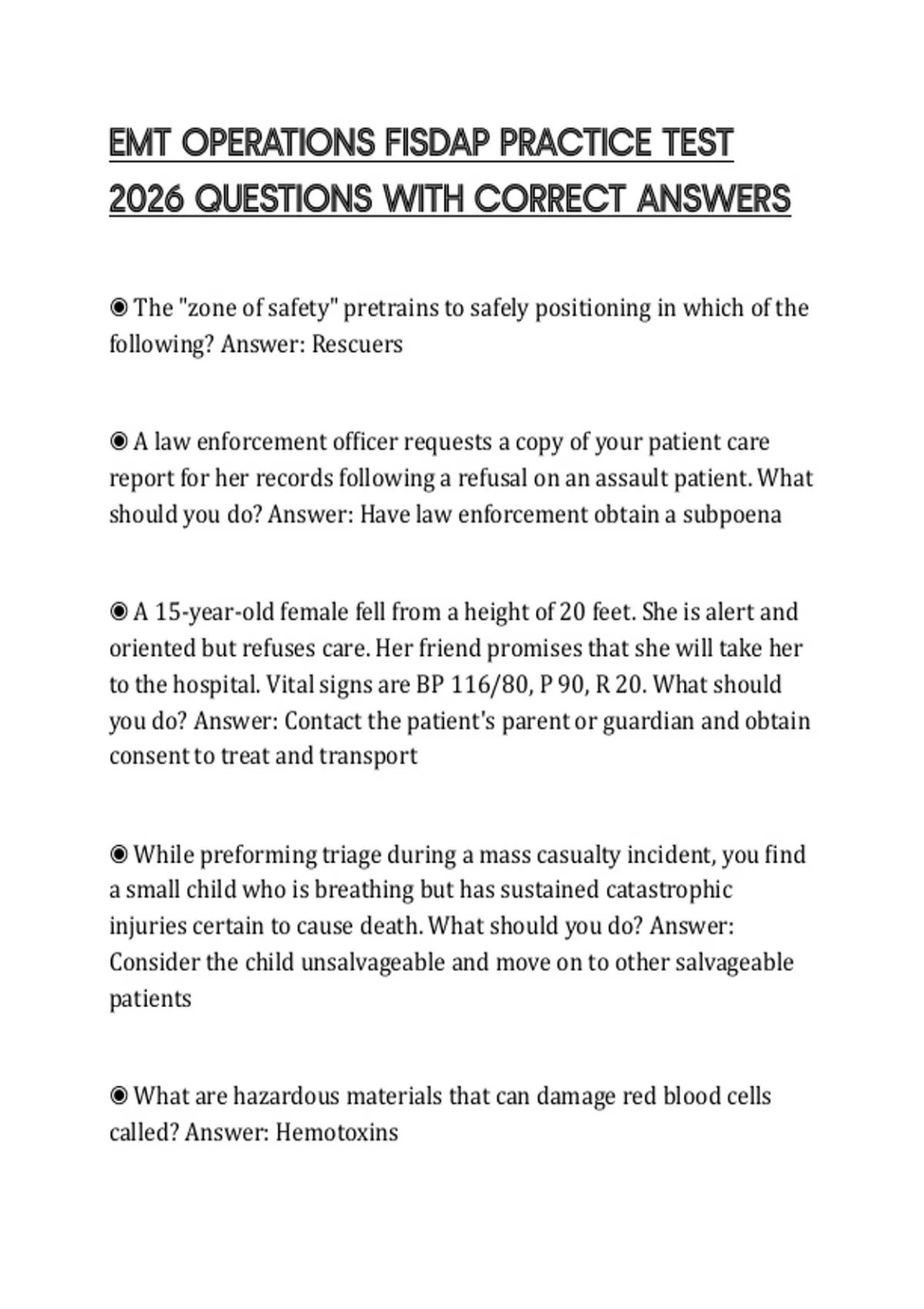 EMT OPERATIONS FISDAP PRACTICE TEST 2026 QUESTIONS WITH CORRECT ANSWERS ...