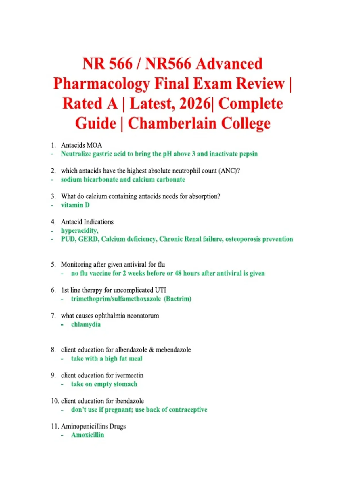 NR 566 / NR566 Advanced Pharmacology Final Exam Review | Rated A ...