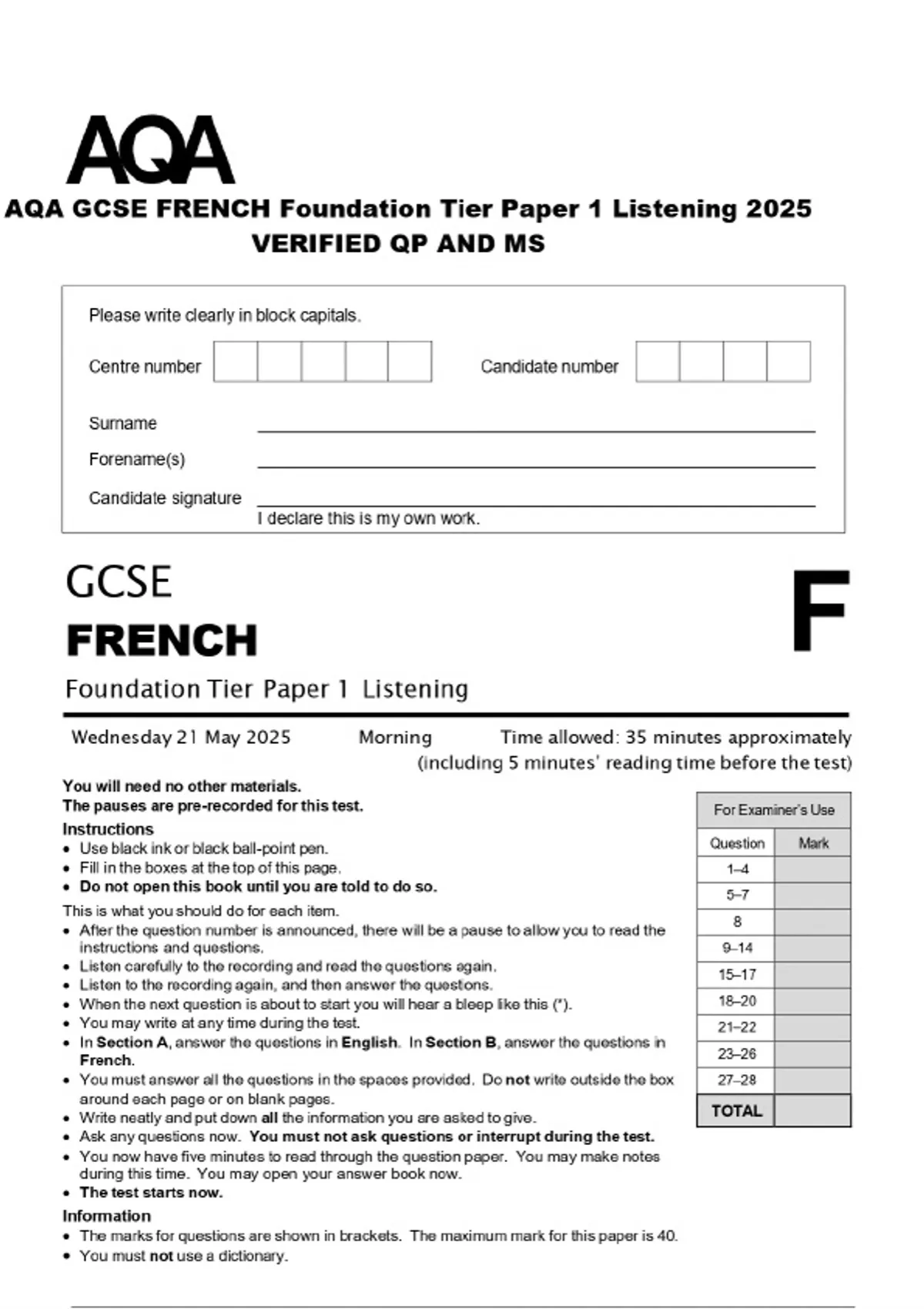 AQA GCSE FRENCH 2025 Exam Pack: VERIFIED Question Paper and Mark Scheme ...