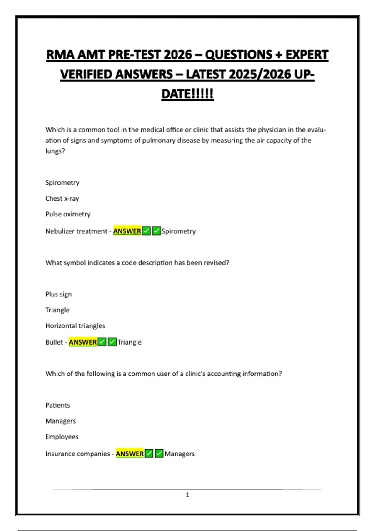 RMA AMT PRE-TEST 2026 – QUESTIONS + EXPERT VERIFIED ANSWERS – LATEST ...