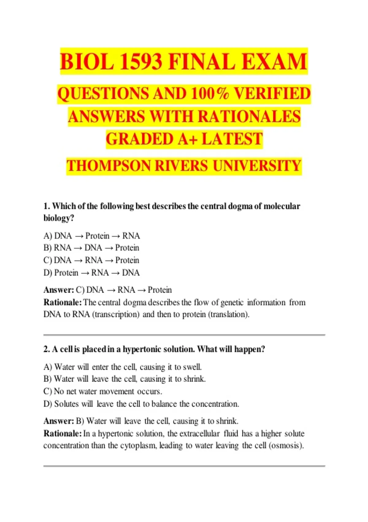 BIOL 1593 FINAL EXAM 2026/2027 QUESTIONS AND 100% VERIFIED ANSWERS WITH ...
