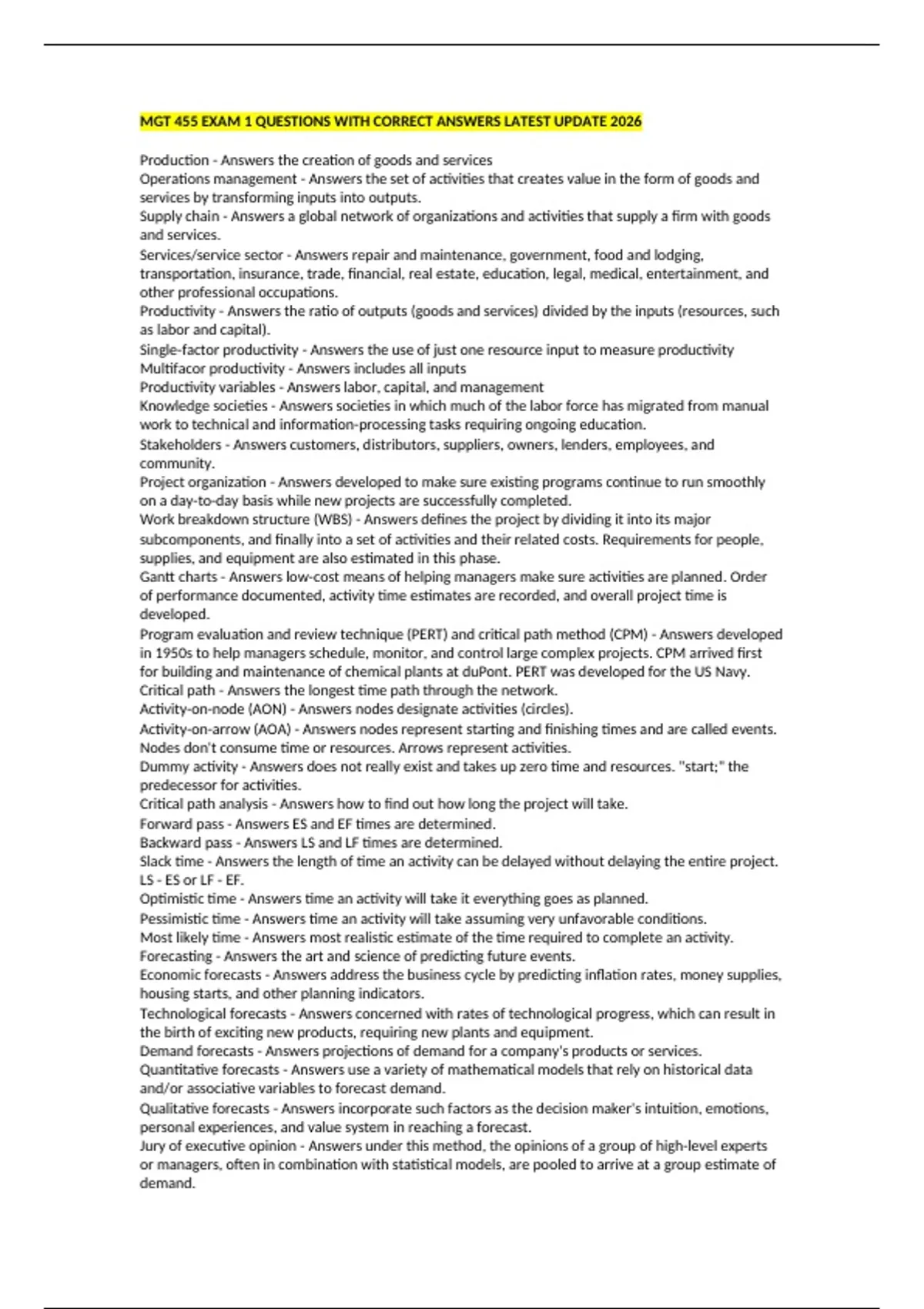 MGT 455 EXAM 1 QUESTIONS WITH CORRECT ANSWERS LATEST UPDATE 2026 - MGT ...