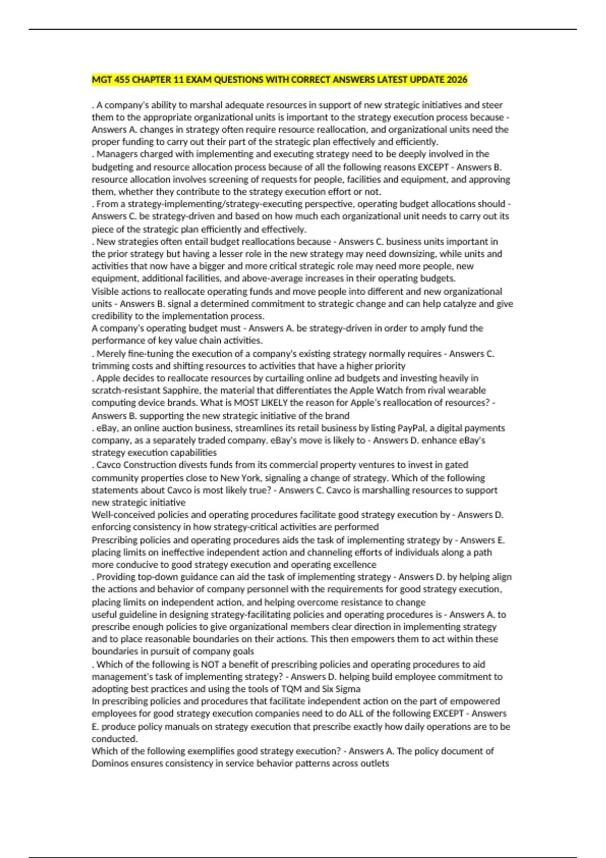 MGT 455 CHAPTER 11 EXAM QUESTIONS WITH CORRECT ANSWERS LATEST UPDATE ...