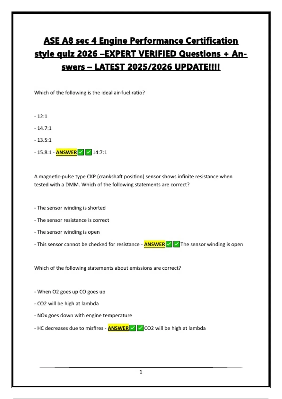 ASE A8 sec 4 Engine Performance Certification style quiz 2026 -EXPERT ...