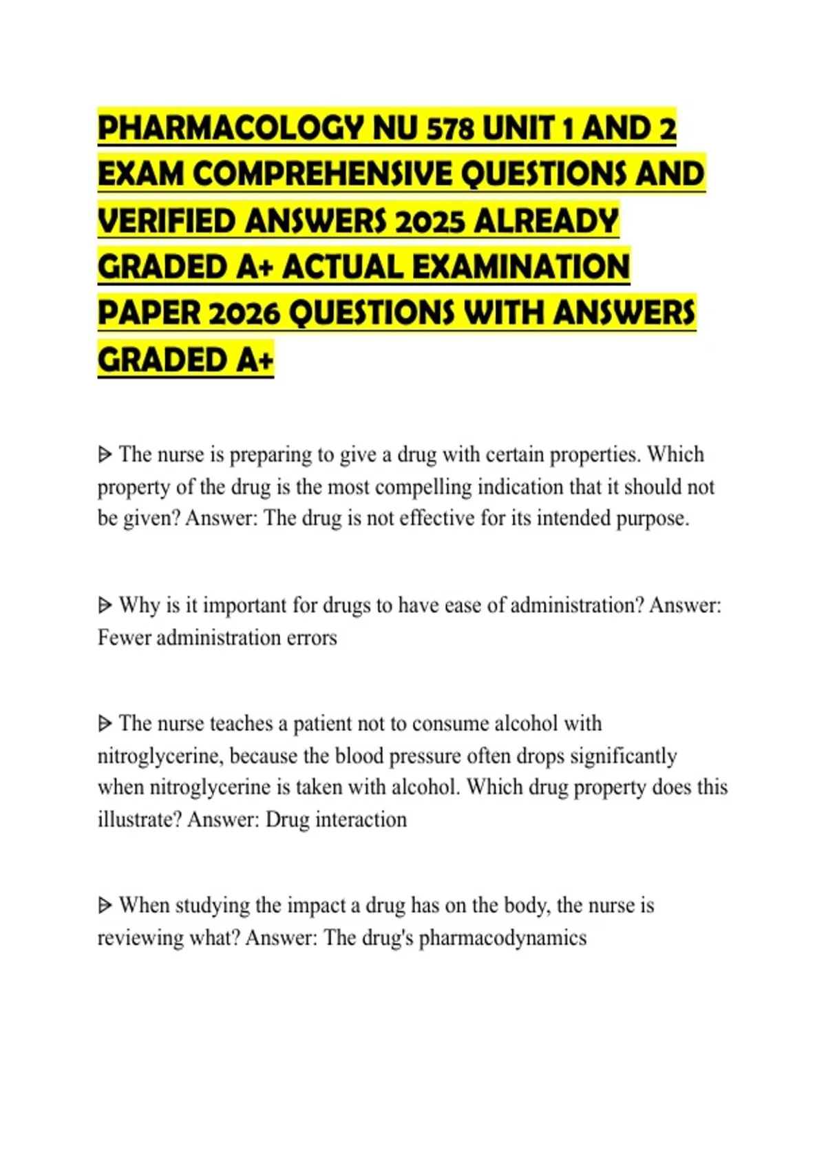 PHARMACOLOGY NU 578 UNIT 1 AND 2 EXAM COMPREHENSIVE QUESTIONS AND ...
