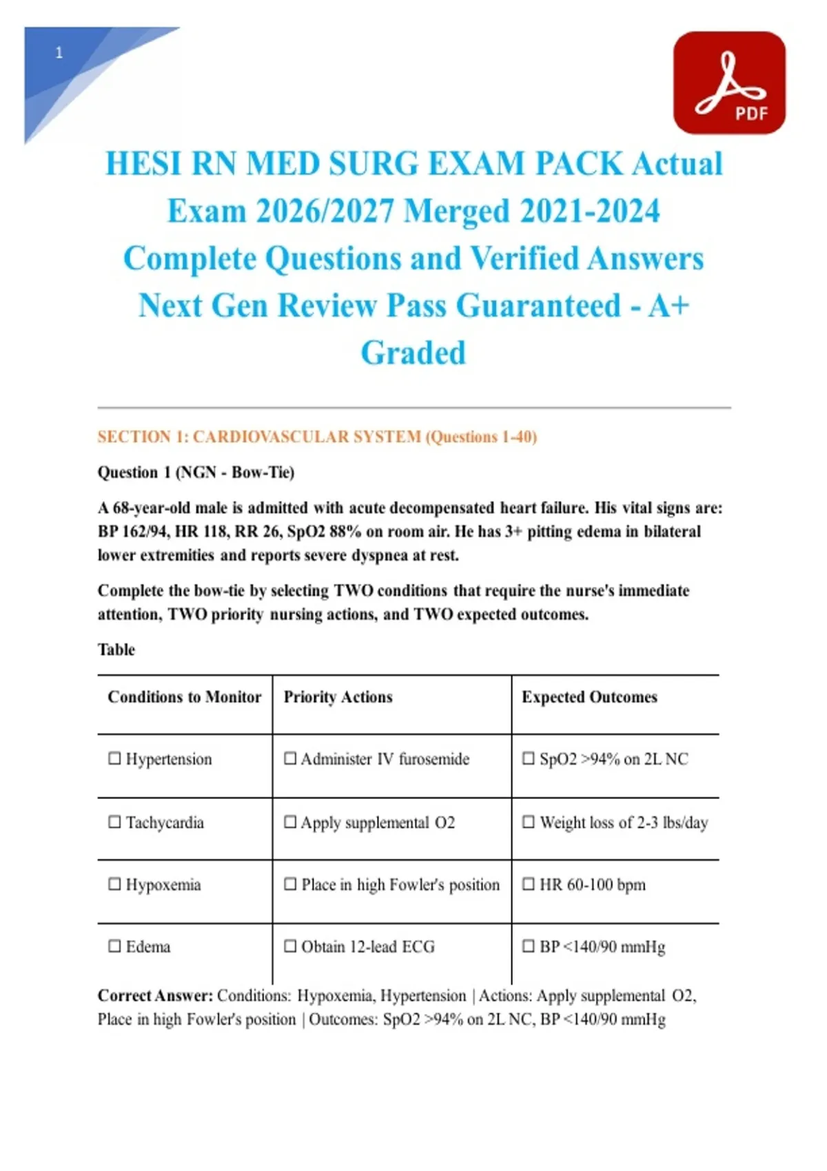 HESI RN MED SURG EXAM PACK Actual Exam 2026/2027 Merged Complete ...