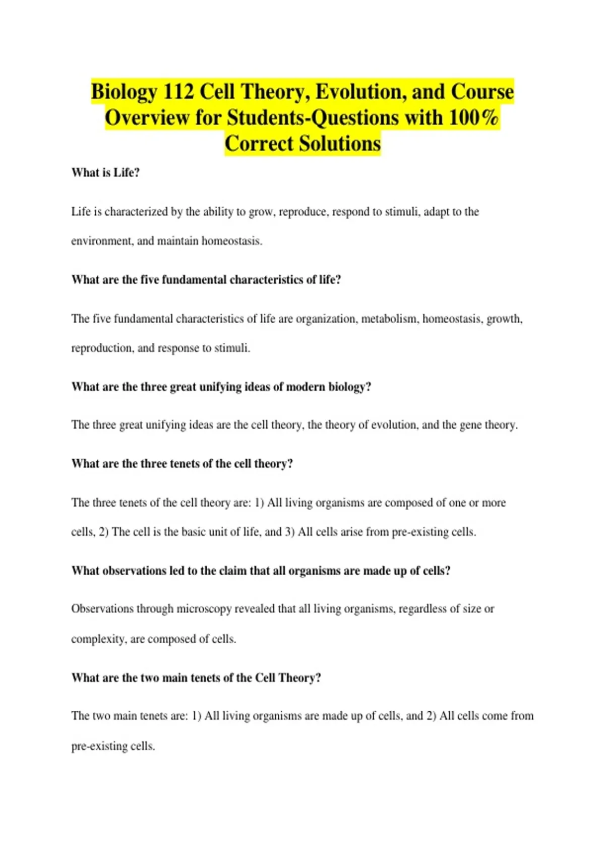 Biology 112 Cell Theory, Evolution, and Course Overview for Students ...