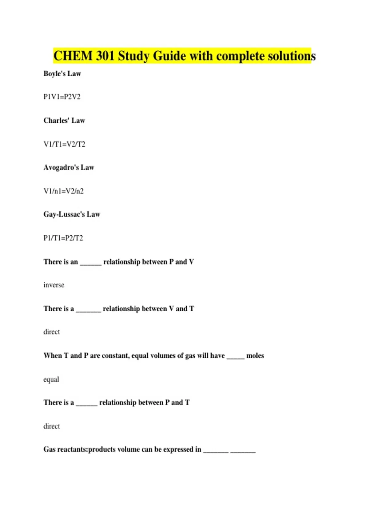 CHEM 301 Study Guide with complete solutions - CHEM 301 - Stuvia US