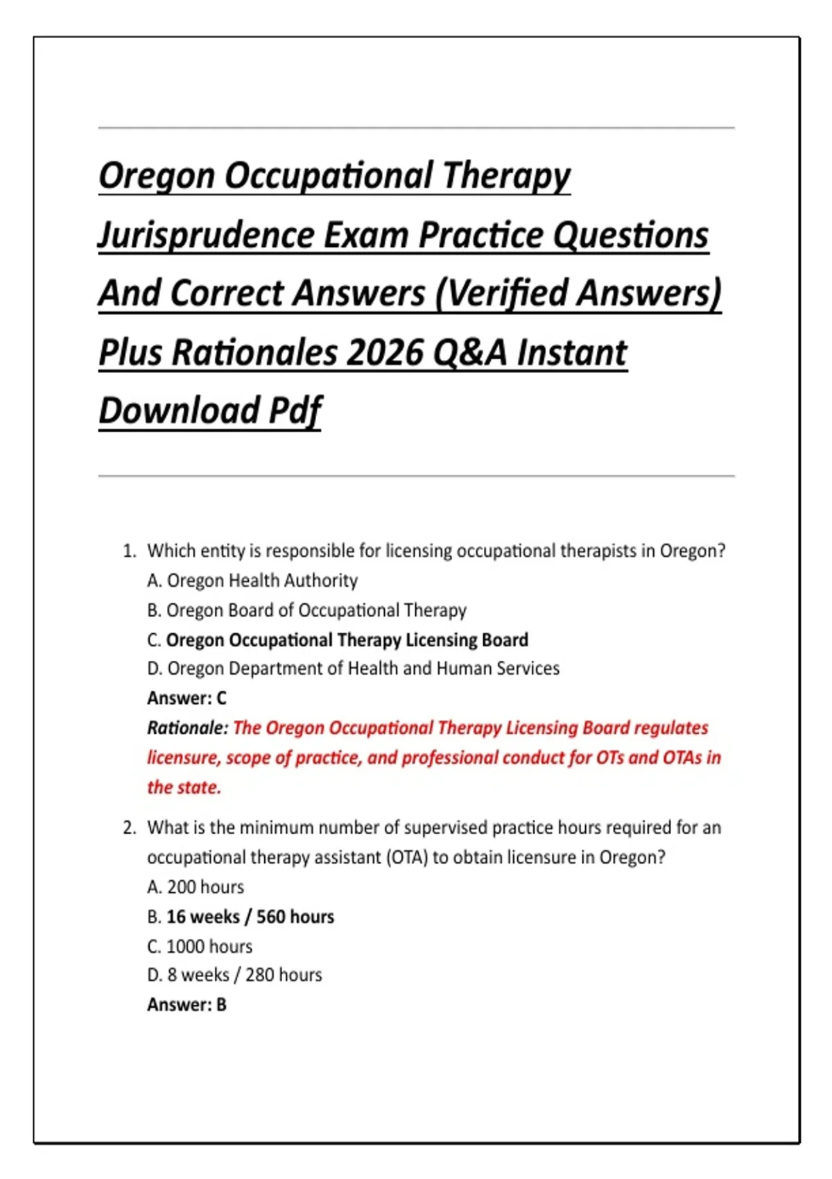 Oregon Project Pdf Oregon Occupational Therapy Jurisprudence Exam Practice Questions And ...
