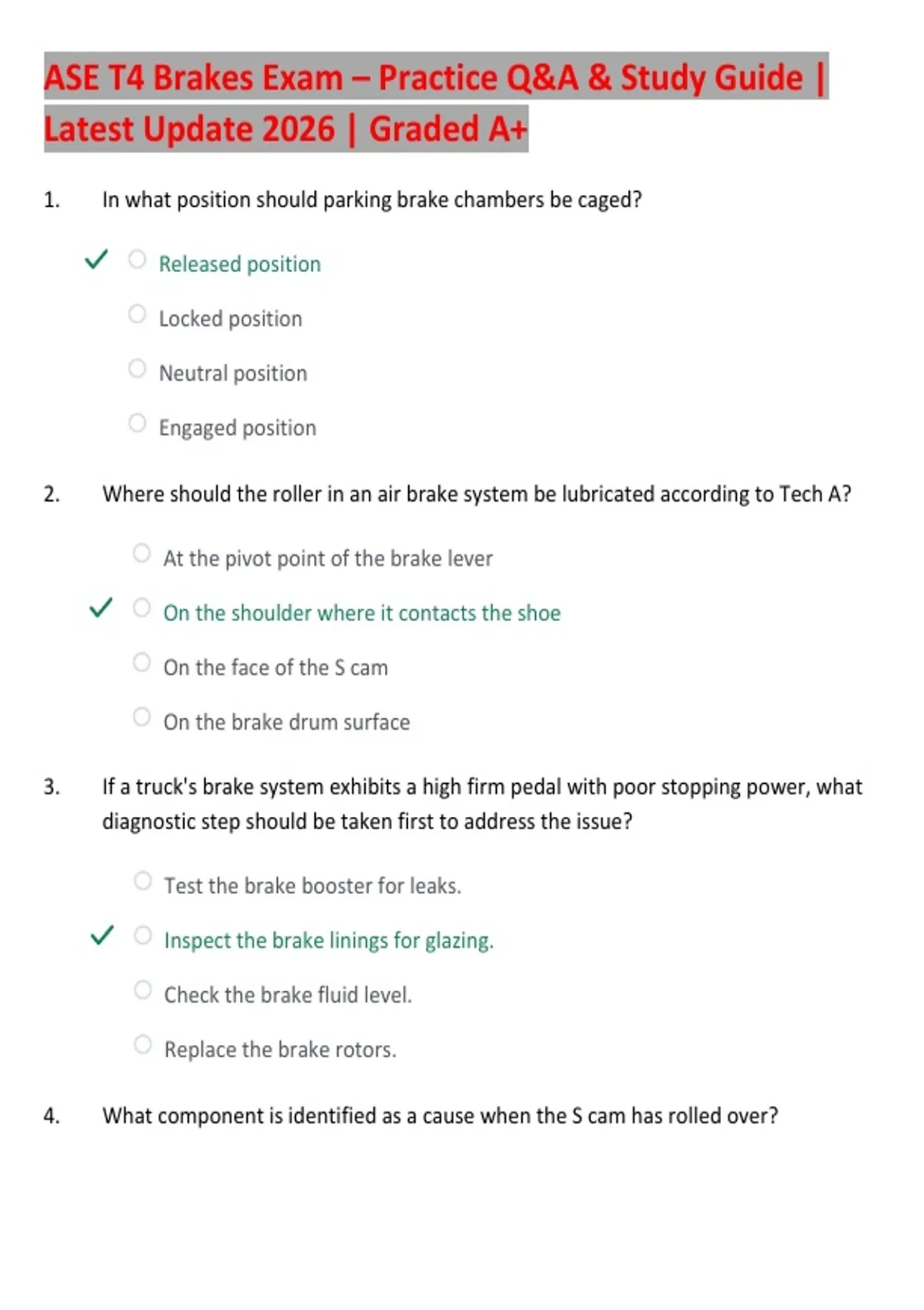 ASE T4 Brakes Exam – Practice Q&amp;A &amp; Study Guide | Latest Update 2026 | Graded A+ - ASE T4 Brakes ...