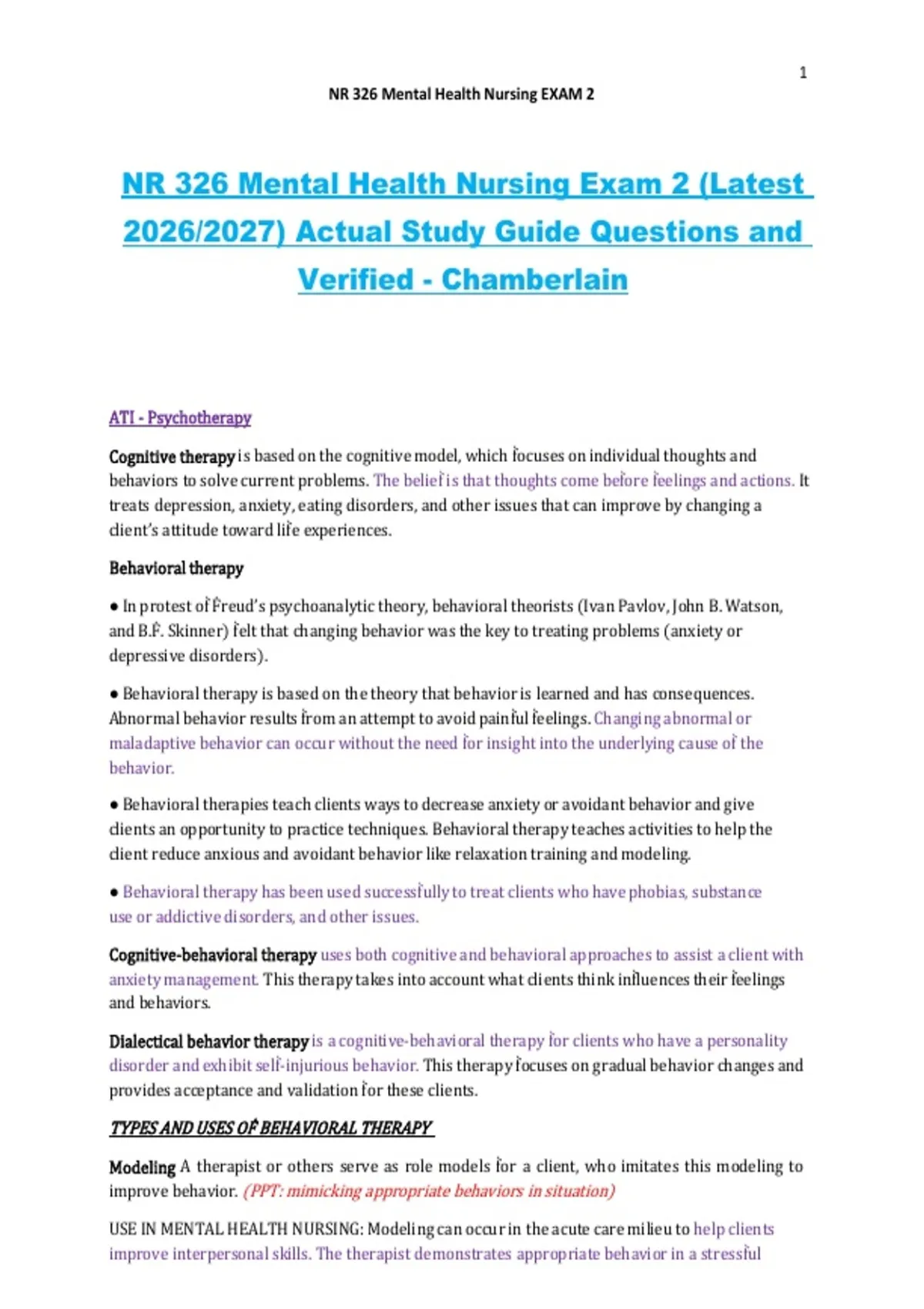 NR 326 Mental Health Nursing Exam 2 – Chamberlain University – 2026/ ...