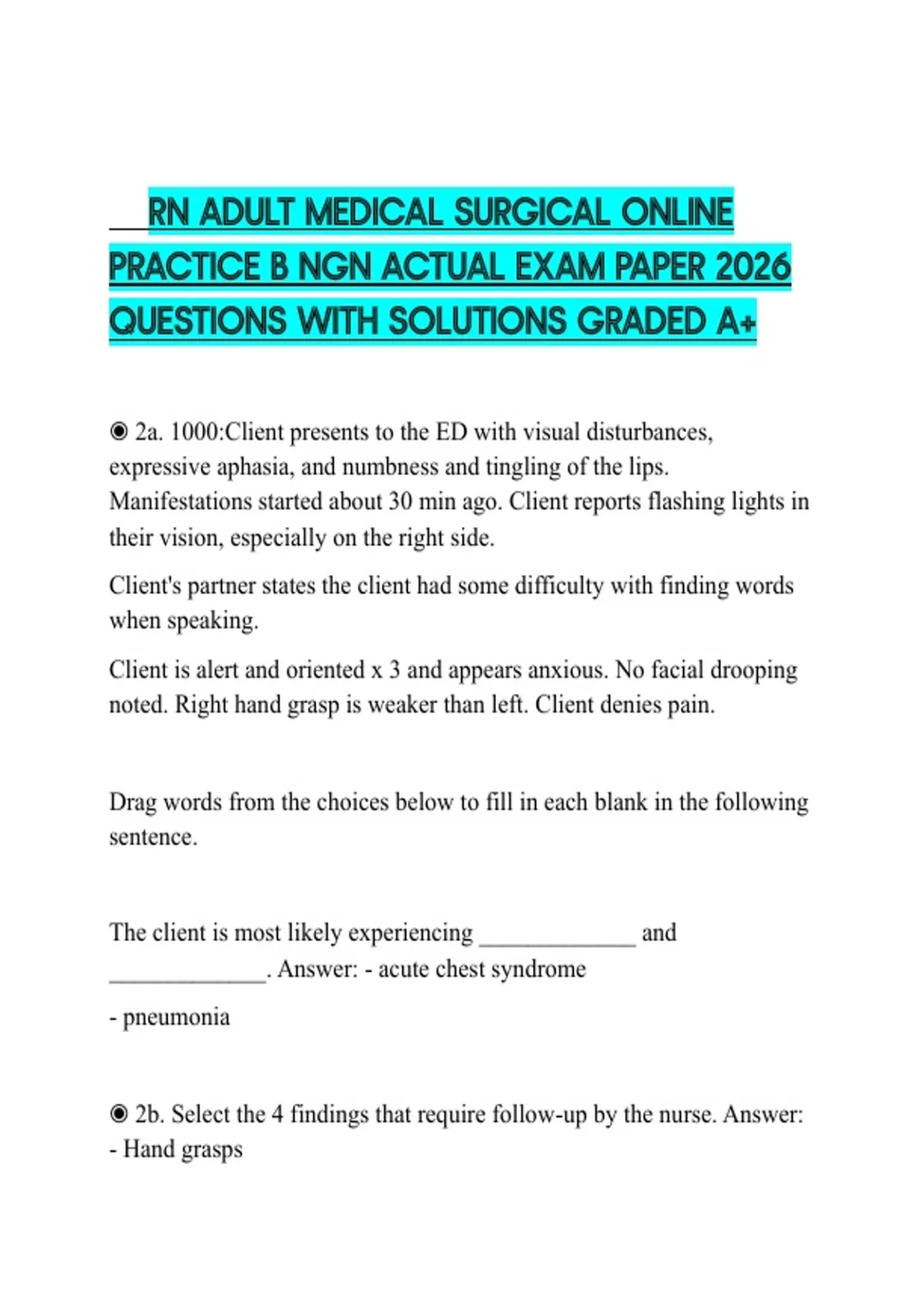 RN ADULT MEDICAL SURGICAL ONLINE PRACTICE B NGN ACTUAL EXAM PAPER 2026 ...