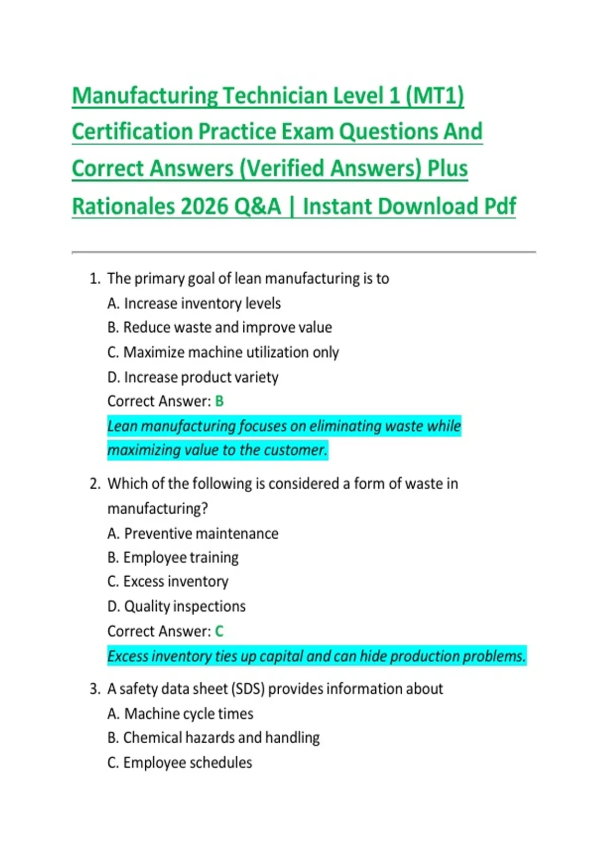 Manufacturing Math Test Questions Manufacturing Technician Level 1 (MT1) Certification Practice Exam ...