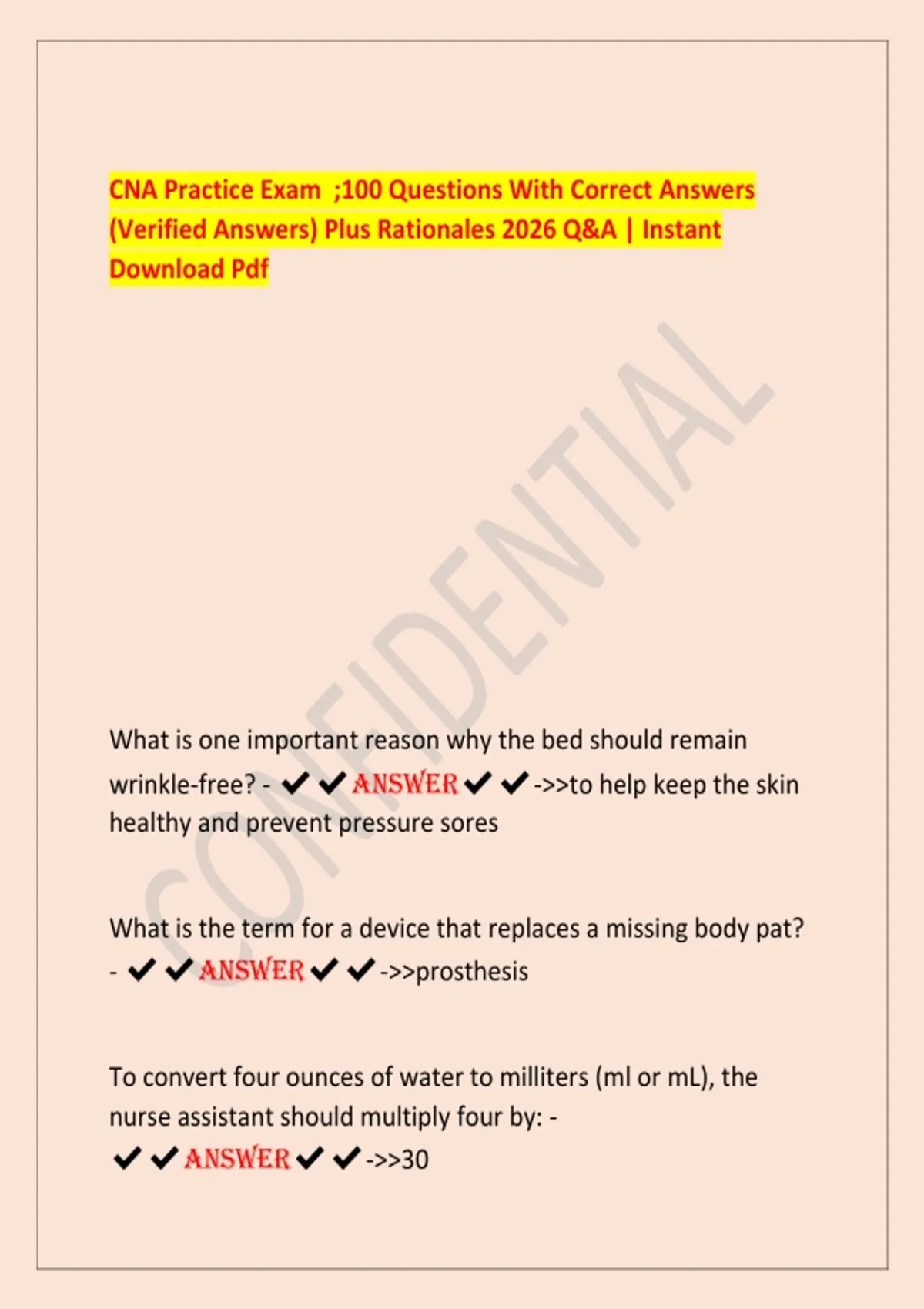 CNA Practice Exam ;100 Questions With Correct Answers (Verified Answers ...