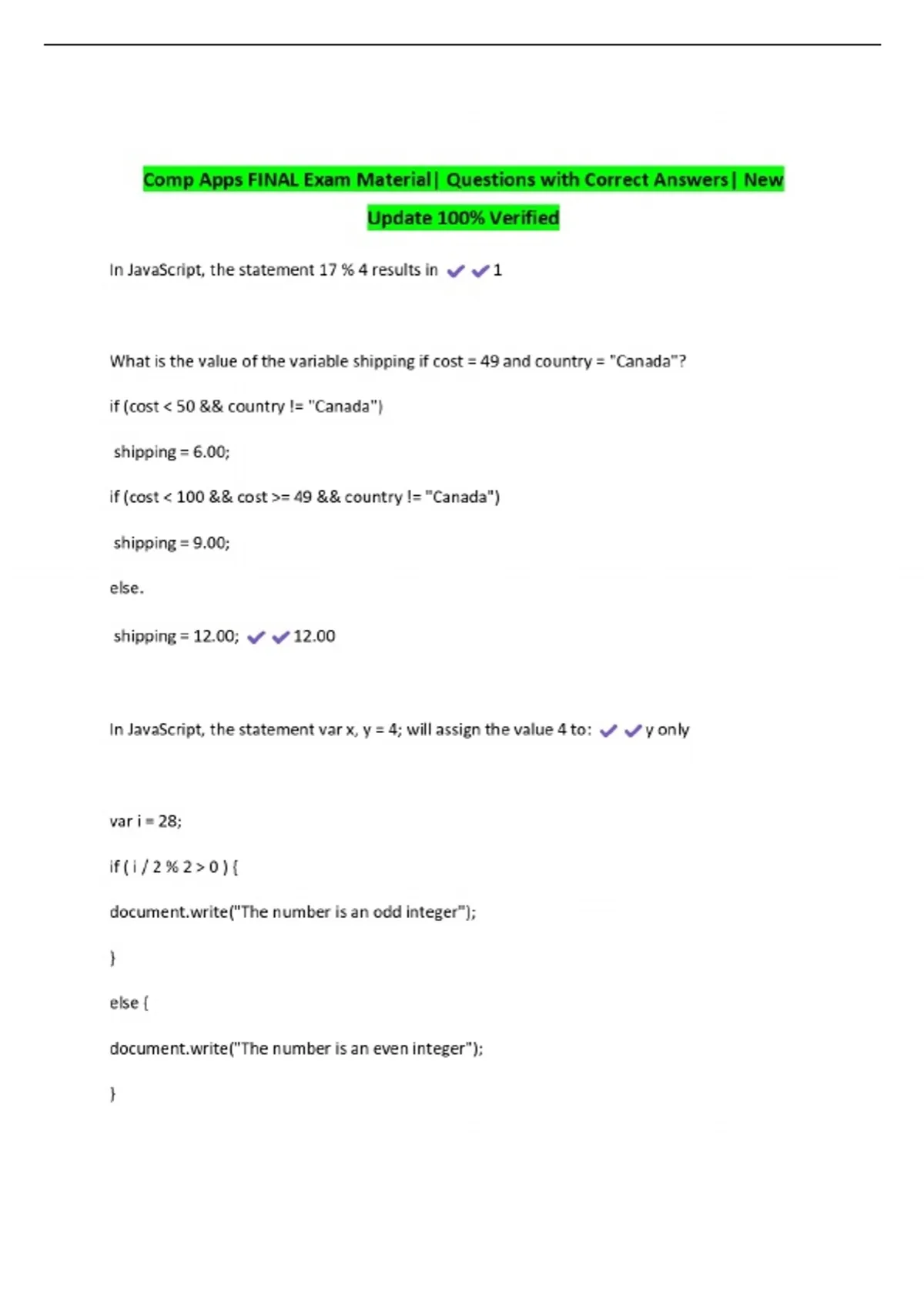 Comp Apps FINAL Exam Material| Questions with Correct Answers| New ...
