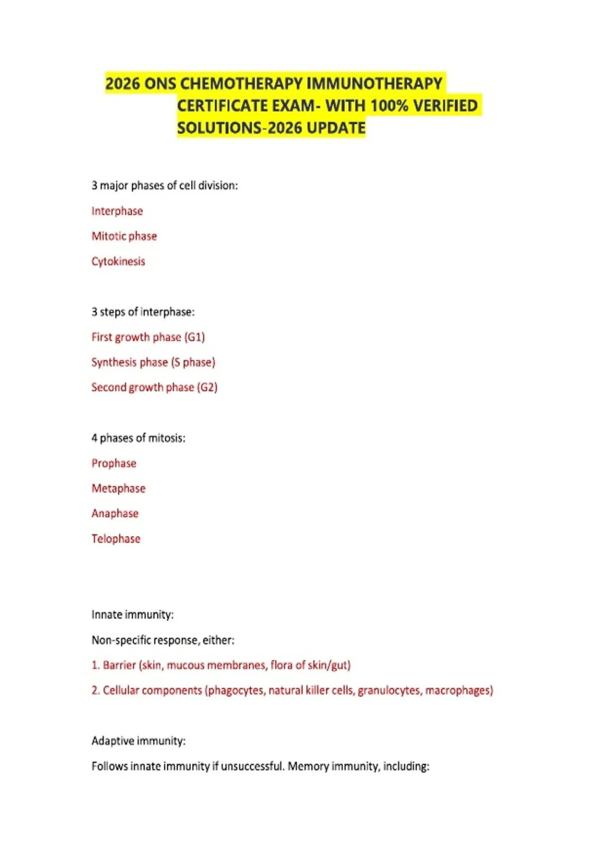 2026 ONS CHEMOTHERAPY IMMUNOTHERAPY CERTIFICATE EXAM- WITH 100% ...