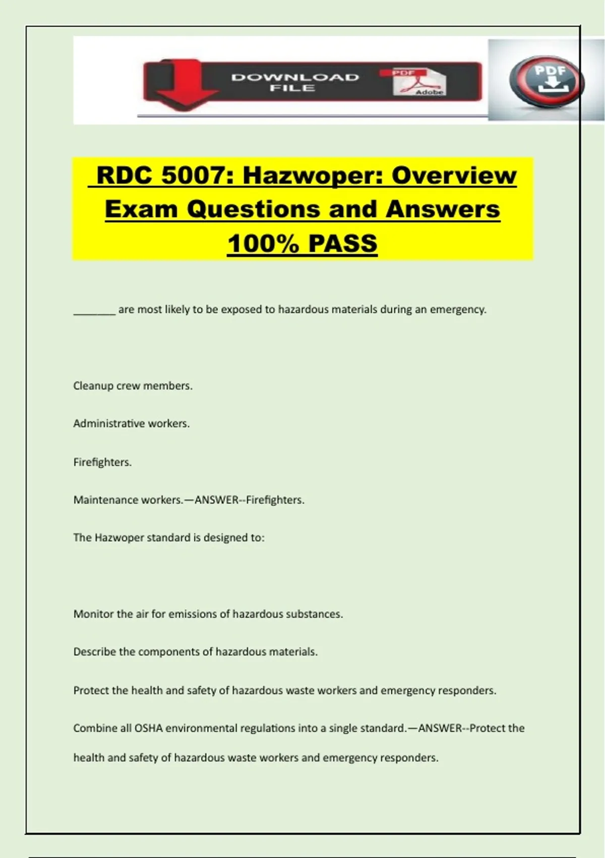 Hazwoper Overview RDC 5007: Hazwoper: Overview Exam Questions and Answers 100% PASS ...