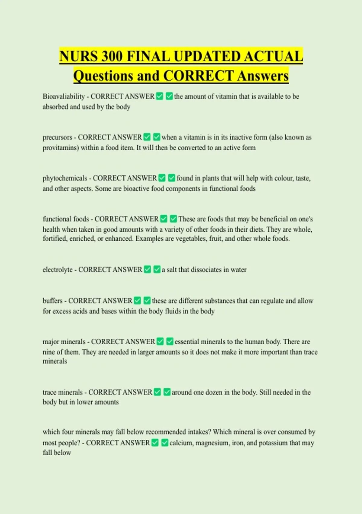NURS 300 FINAL UPDATED ACTUAL Questions and CORRECT Answers - Medicine ...