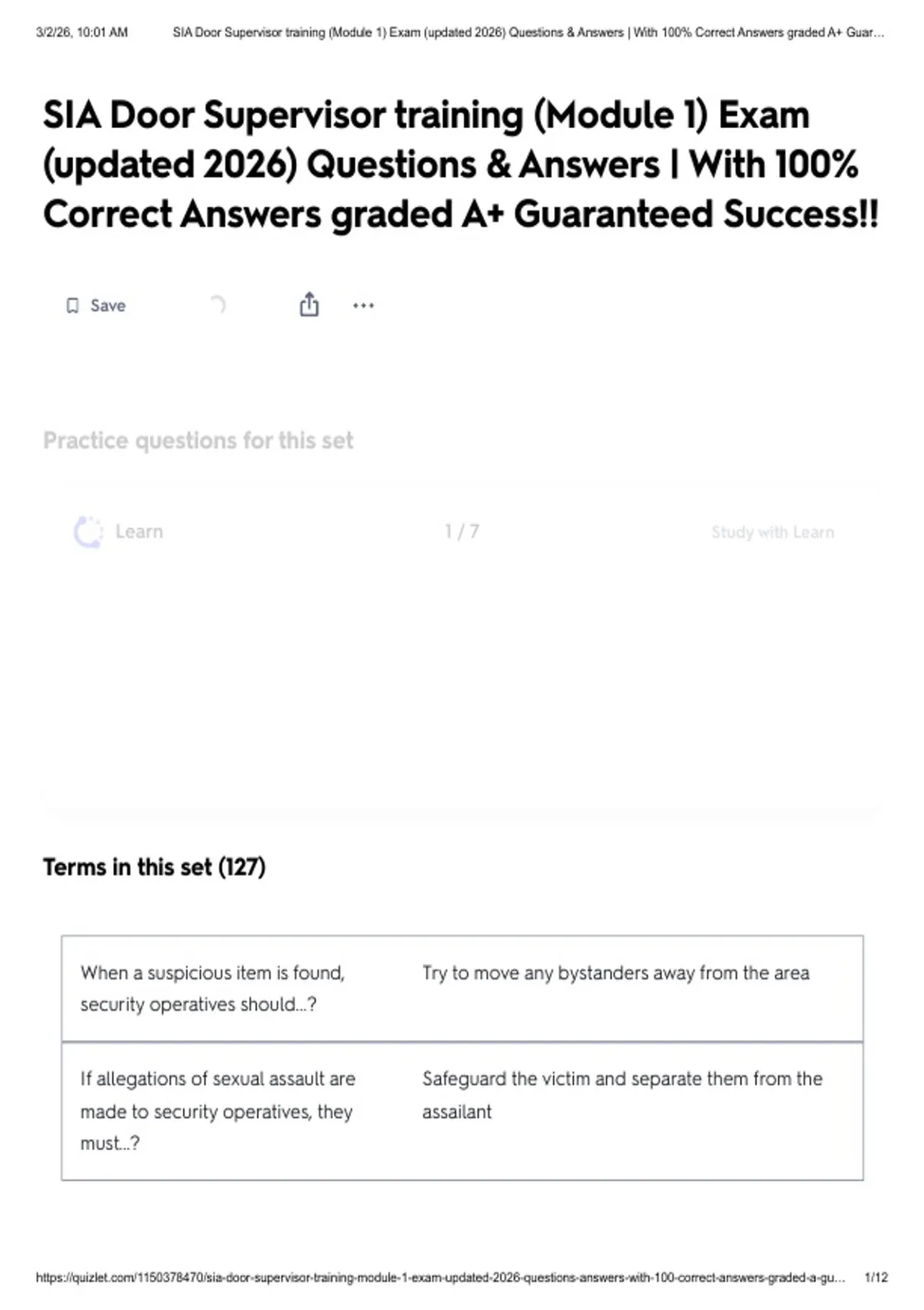 SIA Door Supervisor training (Module 1) Exam (updated 2026) Questions ...