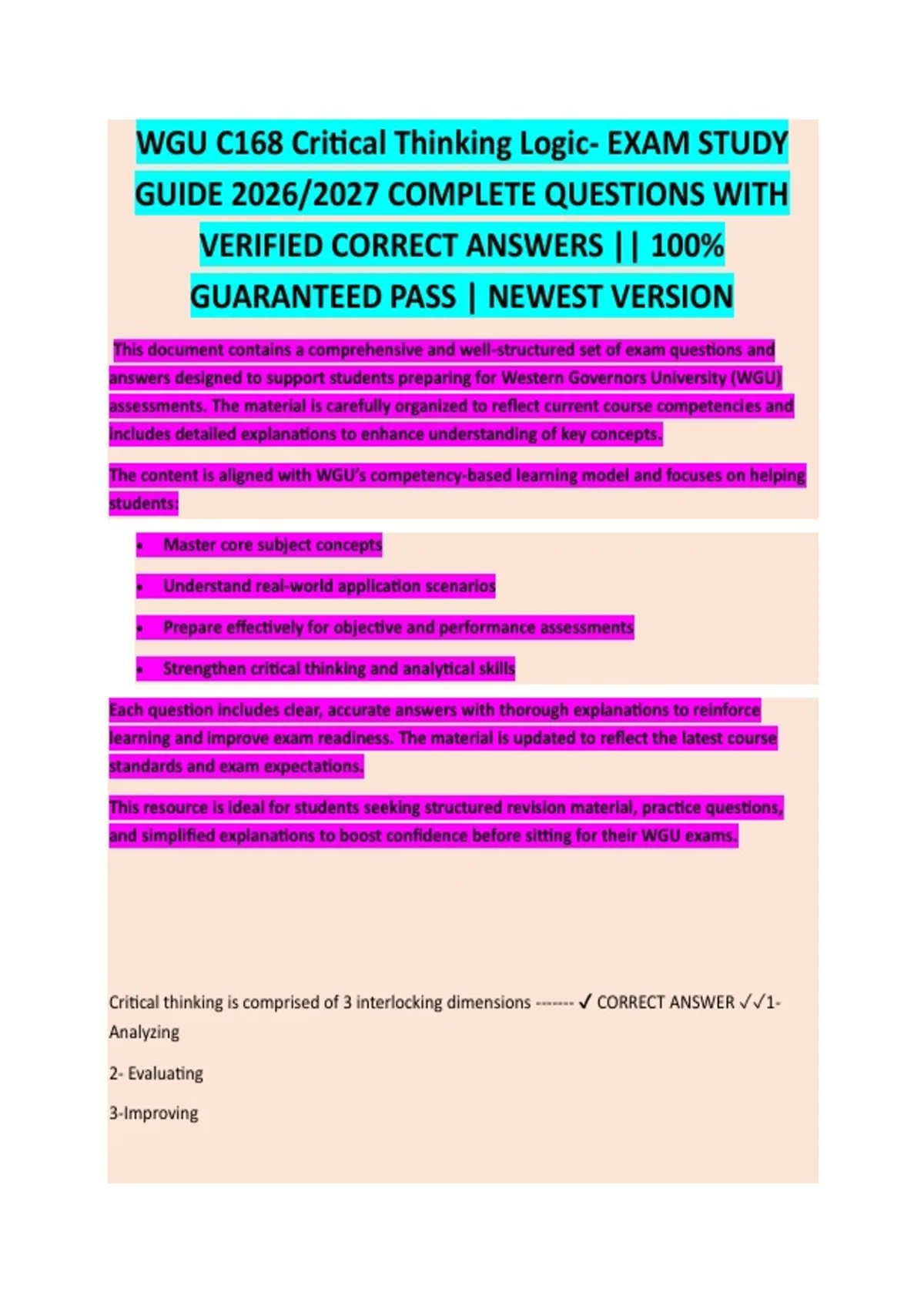 WGU C168 CRITICAL THINKING AND LOGIC COMPLETE EXAM STUDY GUIDE 2026/ ...
